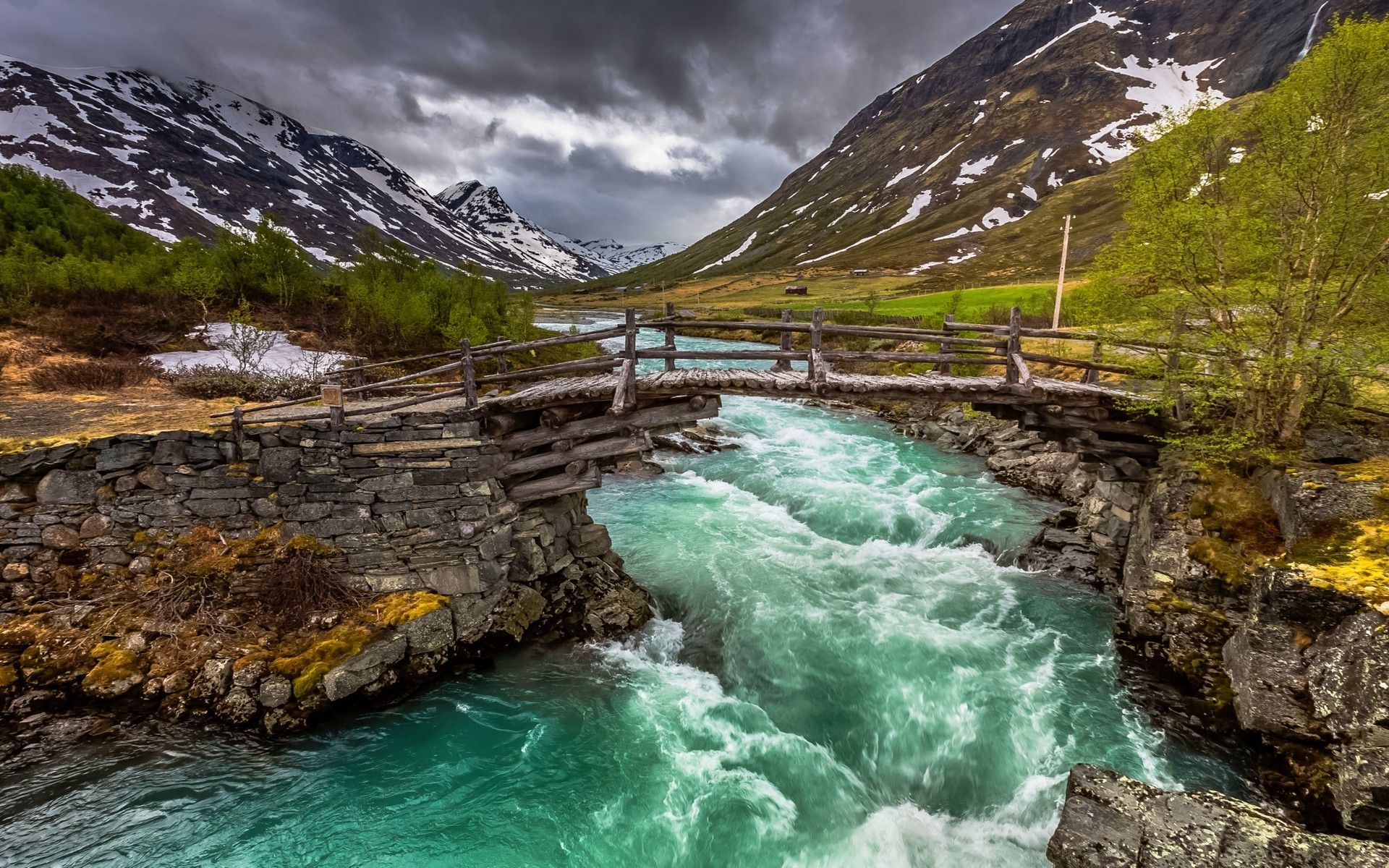 1920x1200 nature, Landscape, River, Bridge, Mountain, Trees, Clouds, Snow, Green, Water, Norway Wallpaper HD / Desktop and Mobile Background