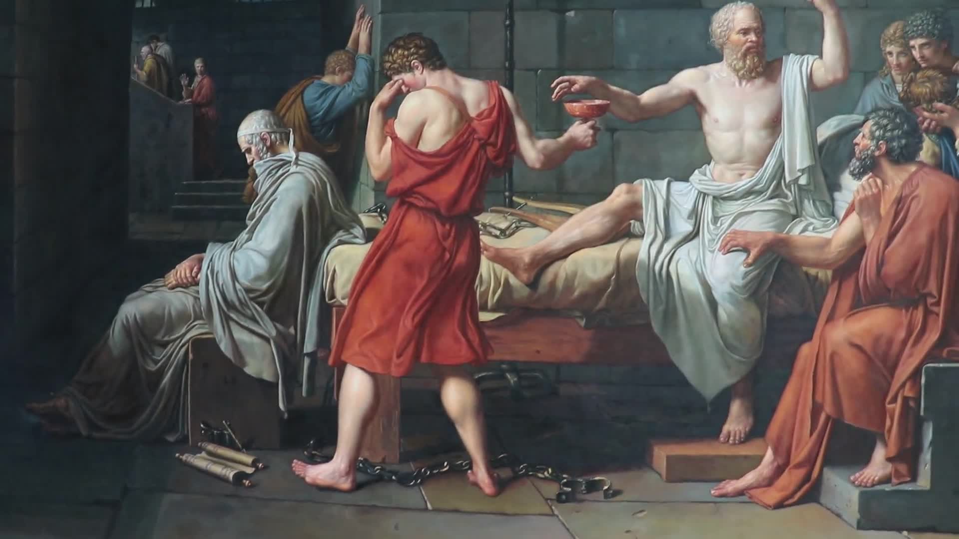 1920x1080 The Death Of Socrates Louis David Hand Painted Oil Painting Replica, Ancient Greek Civilization, Neoclassical Art, Civic Virtue