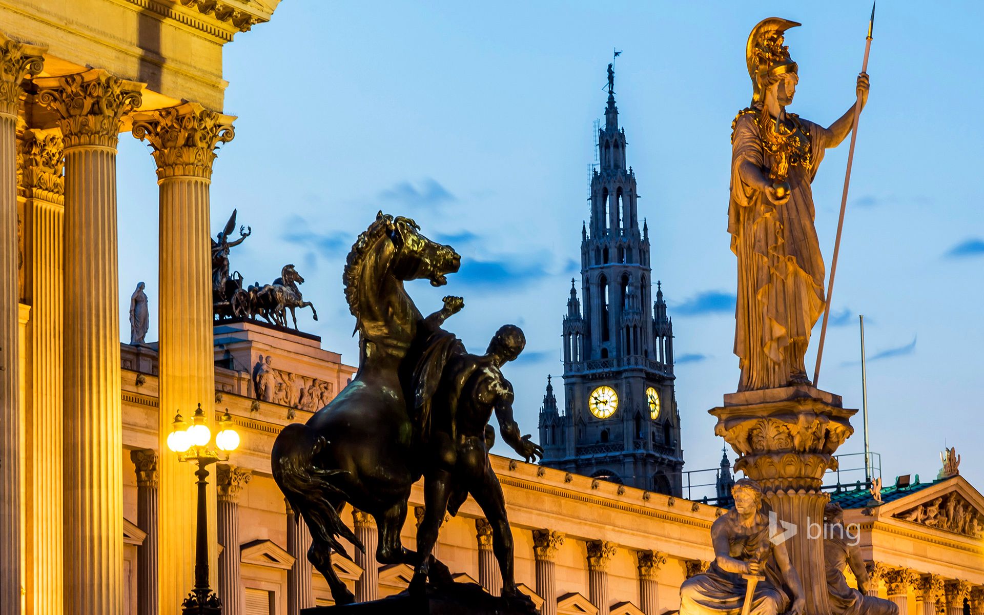 1920x1200 Wallpaper tower, Austria, town hall, Parliament, Vienna, the statue of the goddess Pallas Athena for mobile and desktop, section город, resolution 1920x1200