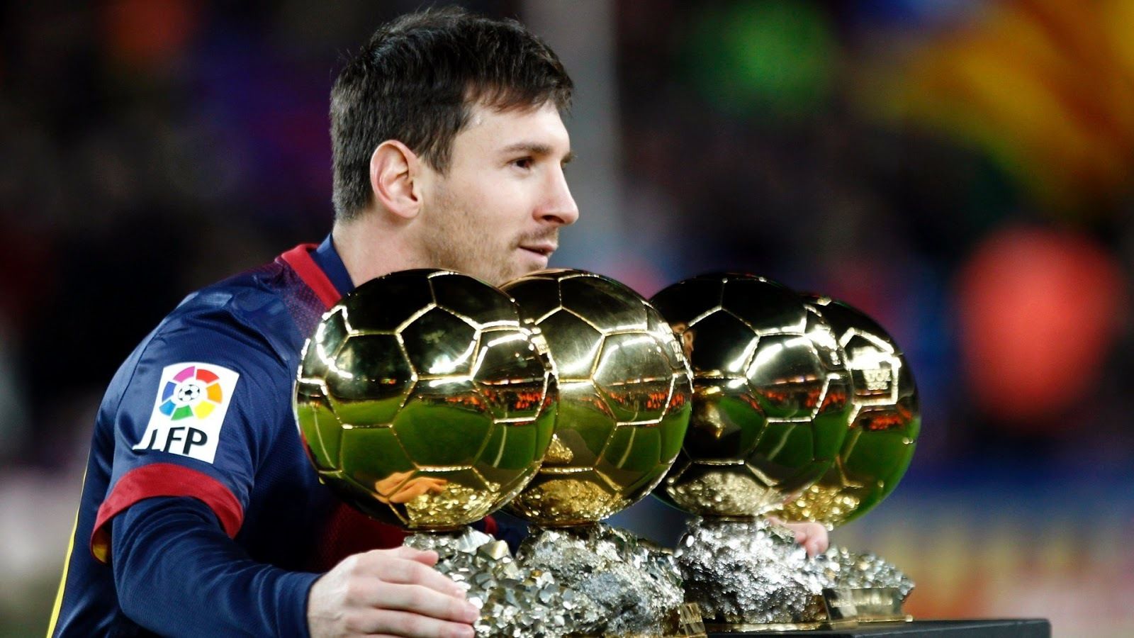 1600x900 The player of Barcelona Lionel Messi is with his trophies Desktop wallpaper 1600x900