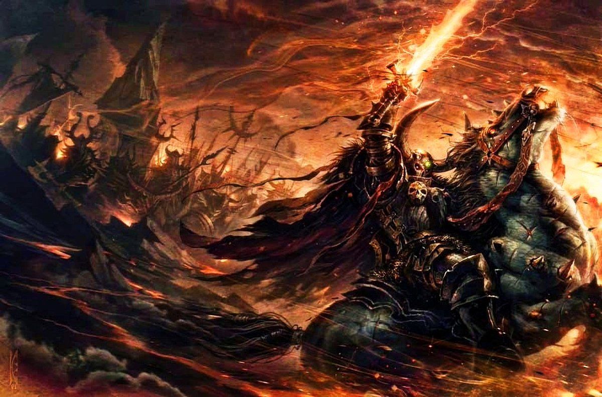 1200x791 Archaon, the Everchosen, Lord of the End Times, on Dorghar, Steed of the Apocalypse. By Adrian Smith for Warhammer Armies: Warriors of Chaos 8th edition book. By Paul Dainton for