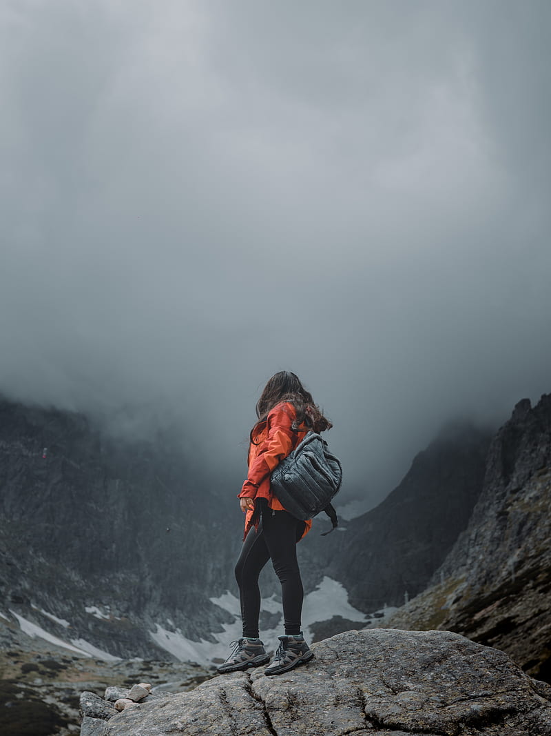 800x1067 Girl, loneliness, alone, travel, backpack, fog, rocks, HD phone wallpaper