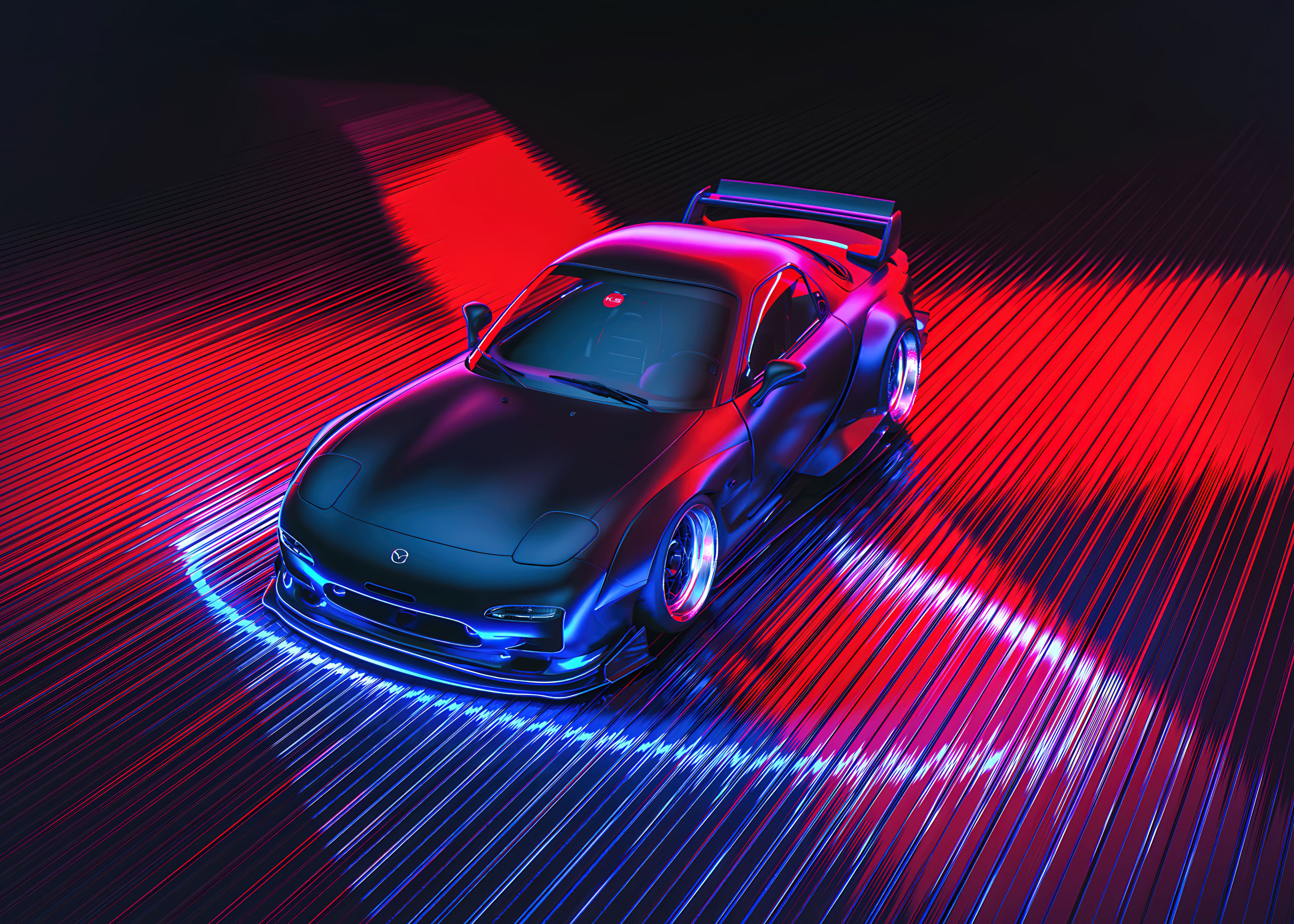 3840x2743 Mazda RX 7 Wallpaper 4K, Neon Background, Japanese