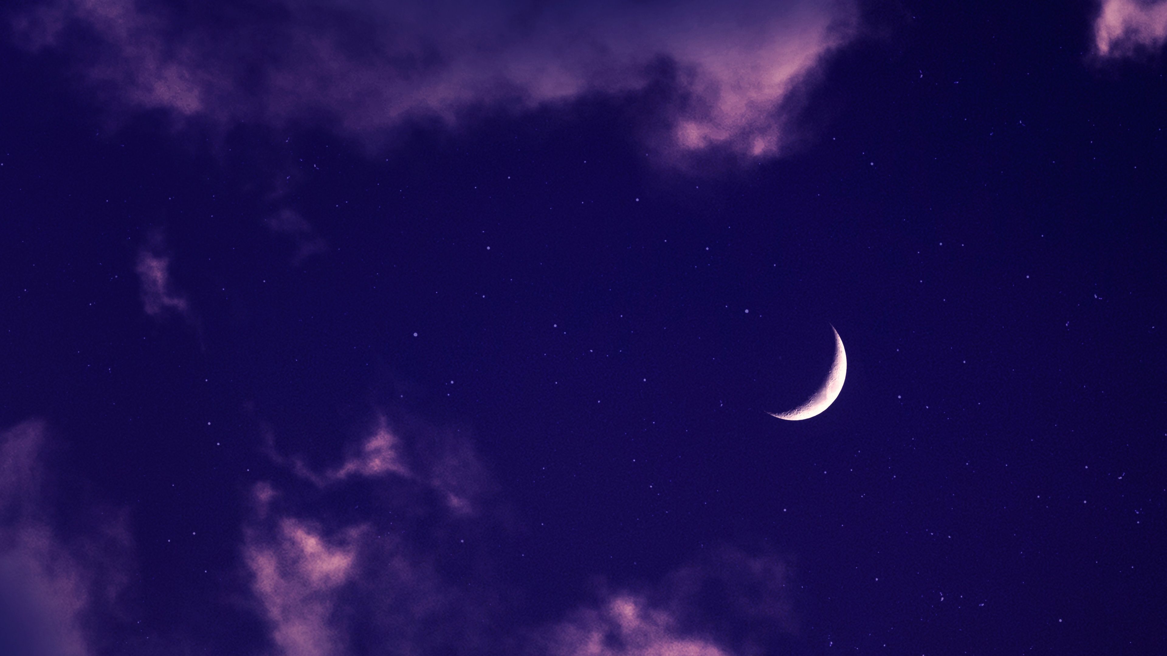 3840x2160 Crescent Moon Wallpaper 4K, Purple sky, Stars, Aesthetic