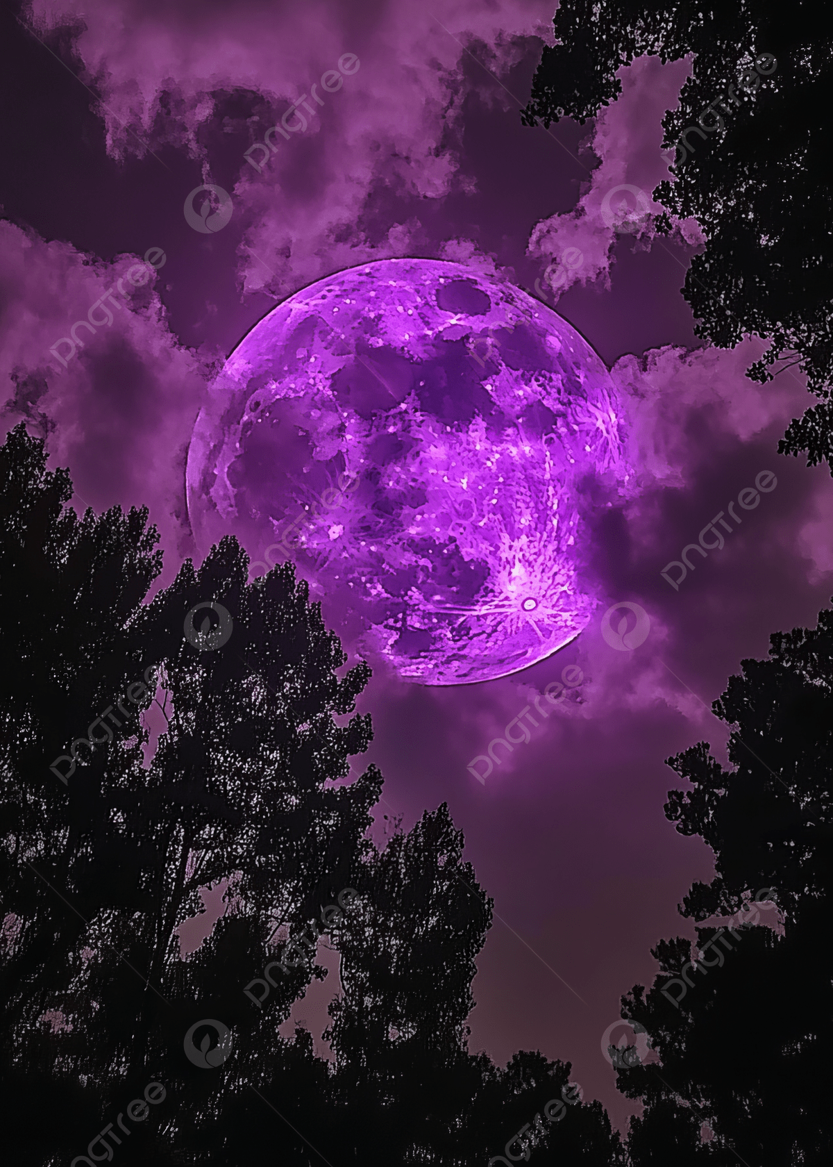 1200x1680 Majestic Purple Moon Glowing Above Silhouetted Trees In A Mystical Night Sky Background Wallpaper Image For Free Download