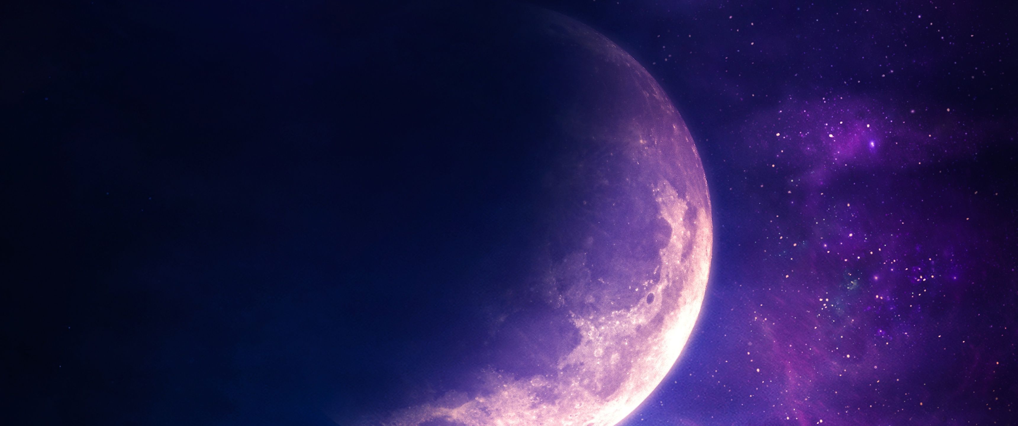 3440x1440 Aesthetic Wallpaper 4K, Moon, Stars, Purple sky, Surreal
