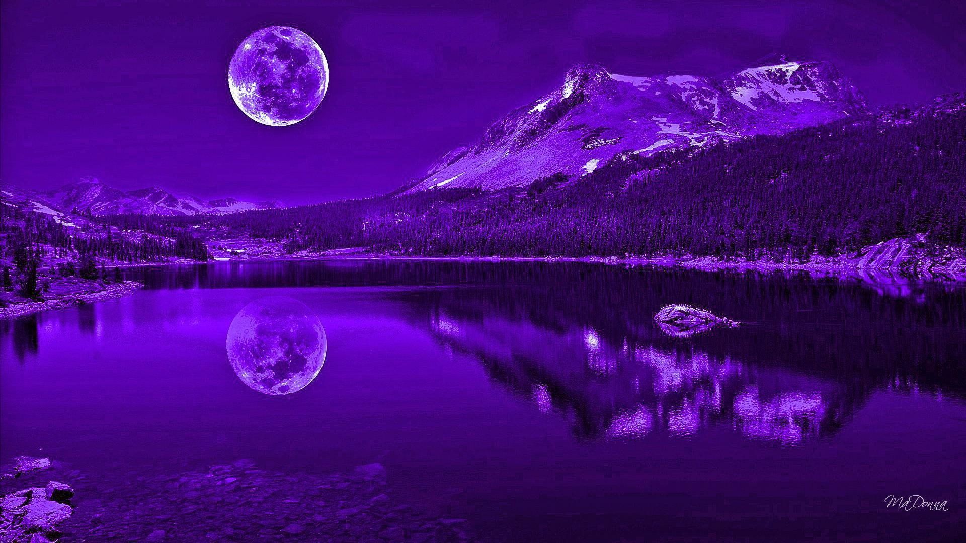 1920x1080 Purple Moon And Mountain Wallpaper