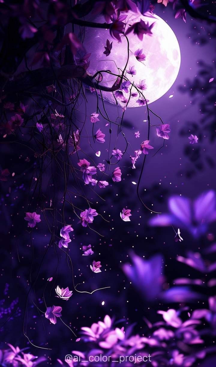 720x1224 Purple flowers and vines on the full moon. Dreamy garden inspiration, Nighttime floral scenery, Purple flowers under full moon
