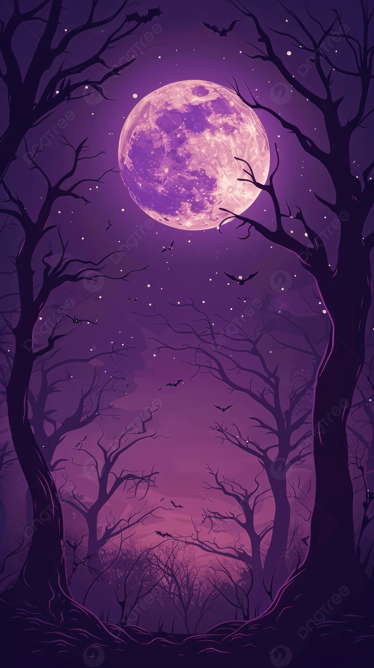 1200x2141 A Purple Moon Is In The Sky Above Forest Background Wallpaper Image For Free Download