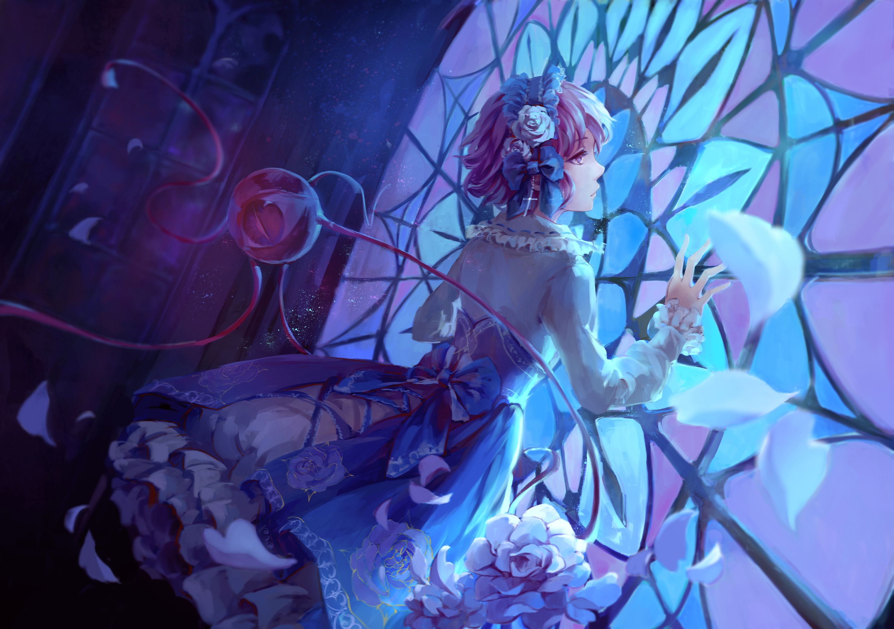 2953x2079 Wallpaper girl, flowers, anime, petals, art, stained glass, touhou, Komeiji Satori for mobile and desktop, section прочее, resolution 2953x2079