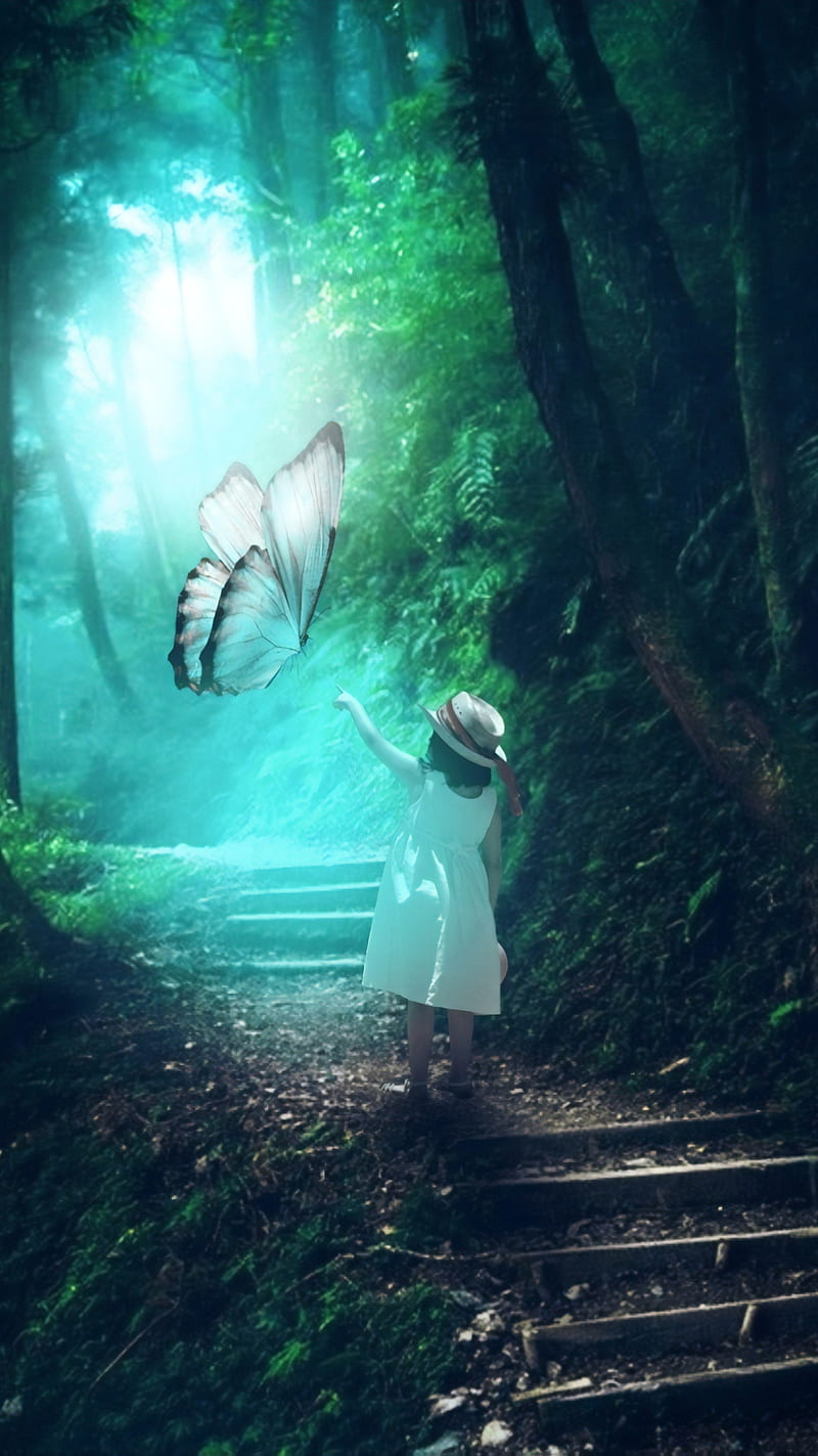 800x1423 Small butterfly- girl, nature, people, butterfly, HD phone wallpaper