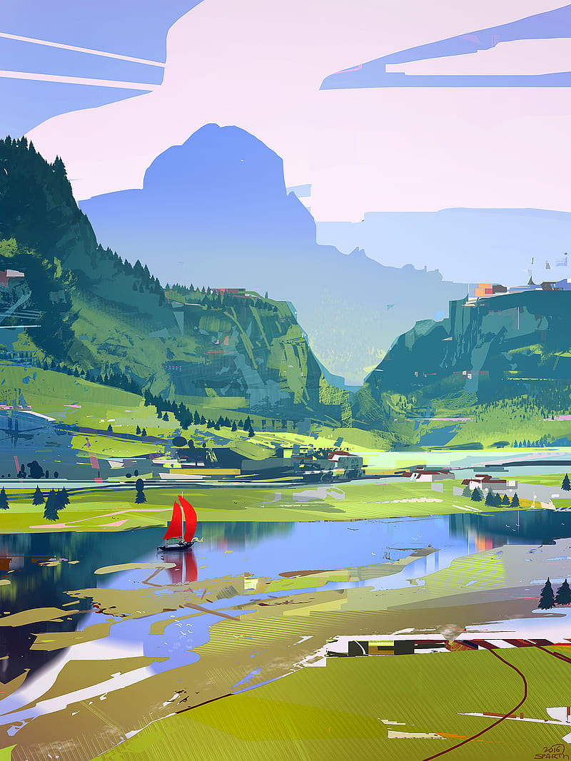 800x1067 Sparth., landscape, people, digital art, nature, mountains, lake, water, painting, HD phone wallpaper