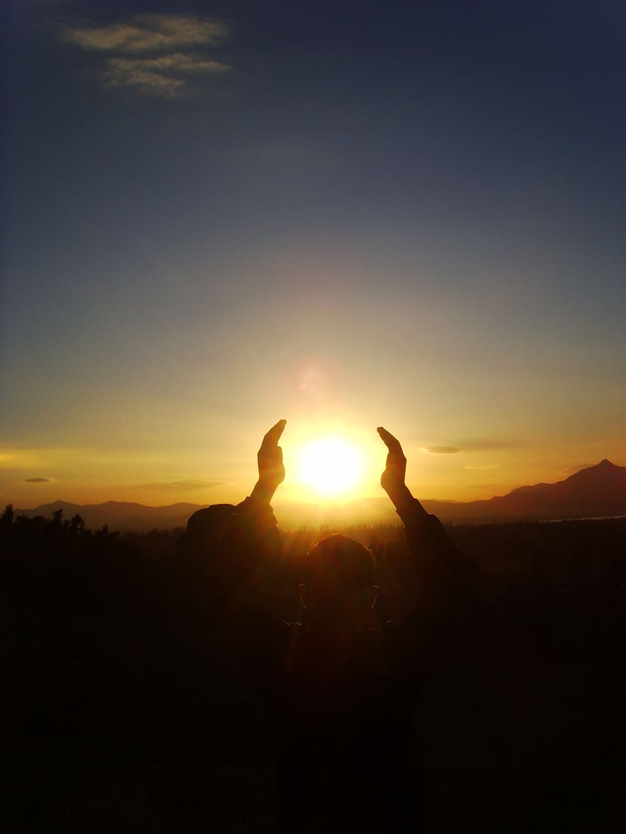 910x1213 HD wallpaper: sun, holding, light, sky, sunset, silhouette, real people, nature