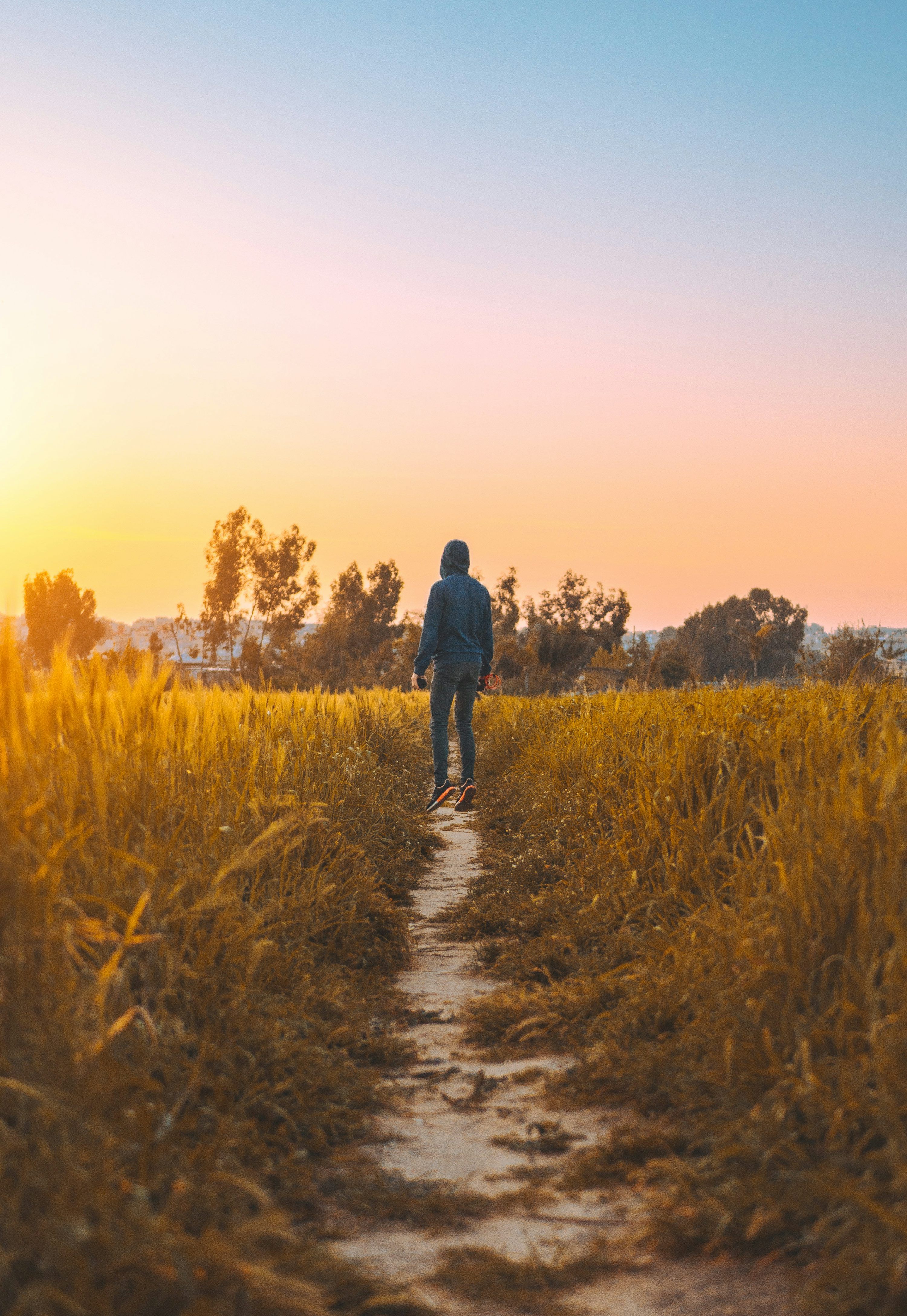 3000x4352 Person standing in between grass field under blue sky photo