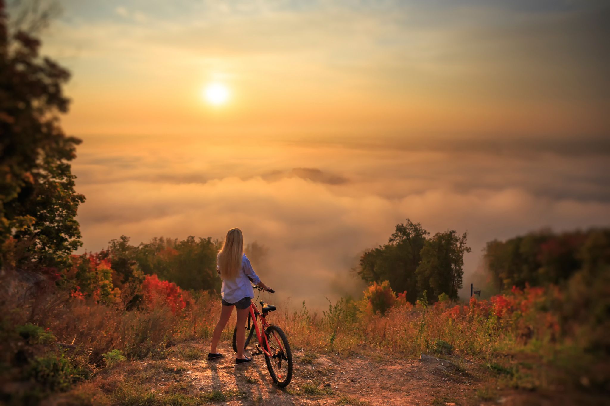 2048x1365 Wallpaper girl, landscape, bike, beauty for mobile and desktop, section природа, resolution 2048x1365