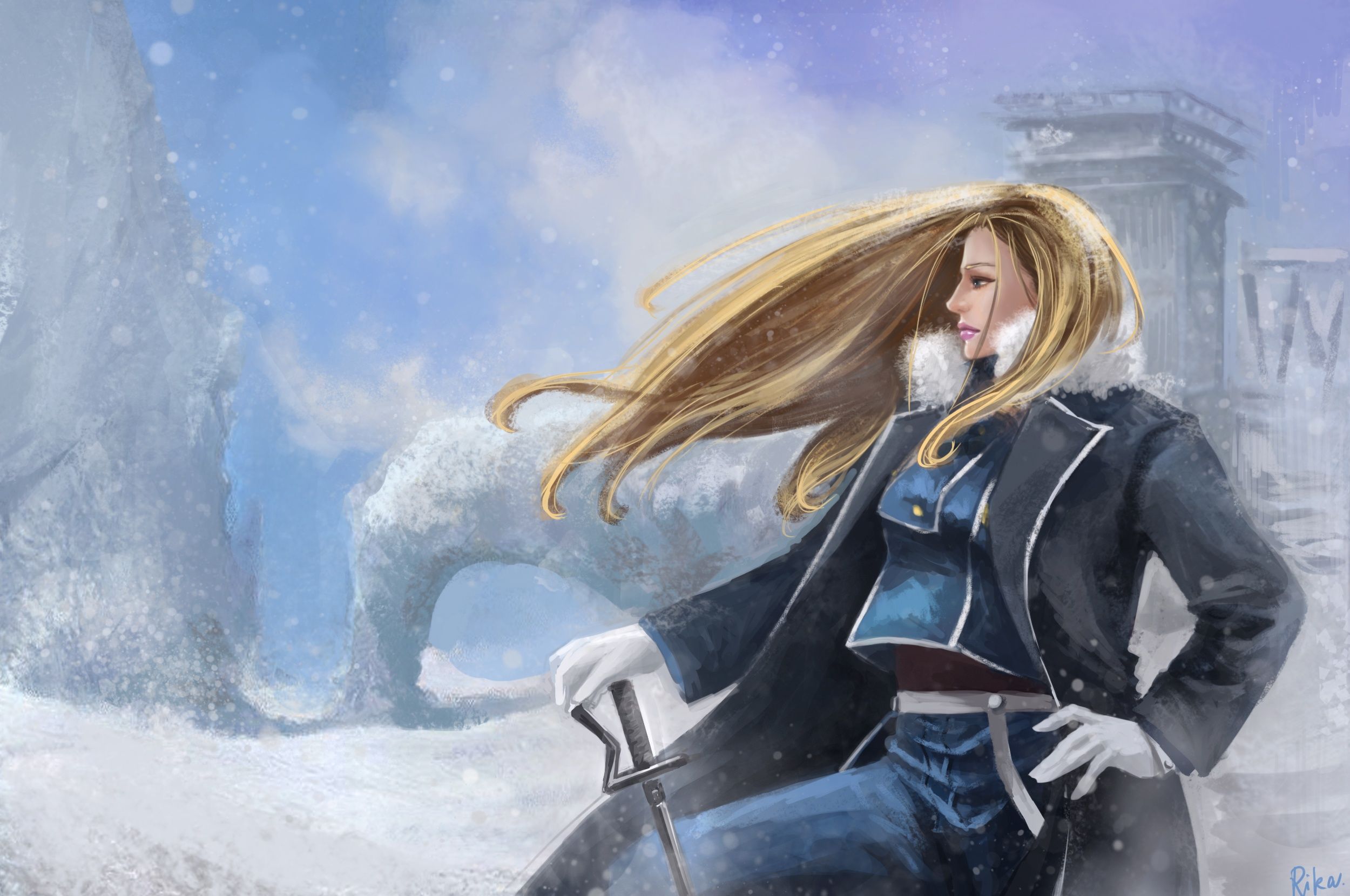 2500x1660 Wallpaper girl, snow, weapons, storm, form, art, RikaMello, Olivier Mira Armstrong for mobile and desktop, section аниме, resolution 2500x1660