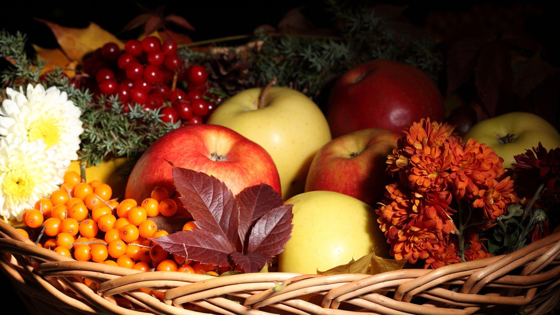 1920x1080 Fruit still life apples berries berry nuts food leaves basket wallpaperx1080