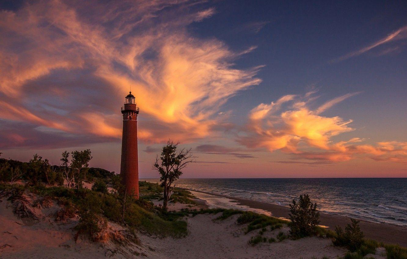 1332x850 Wallpaper sand, beach, clouds, sunset, lighthouse, lake Michigan image for desktop, section пейзажи