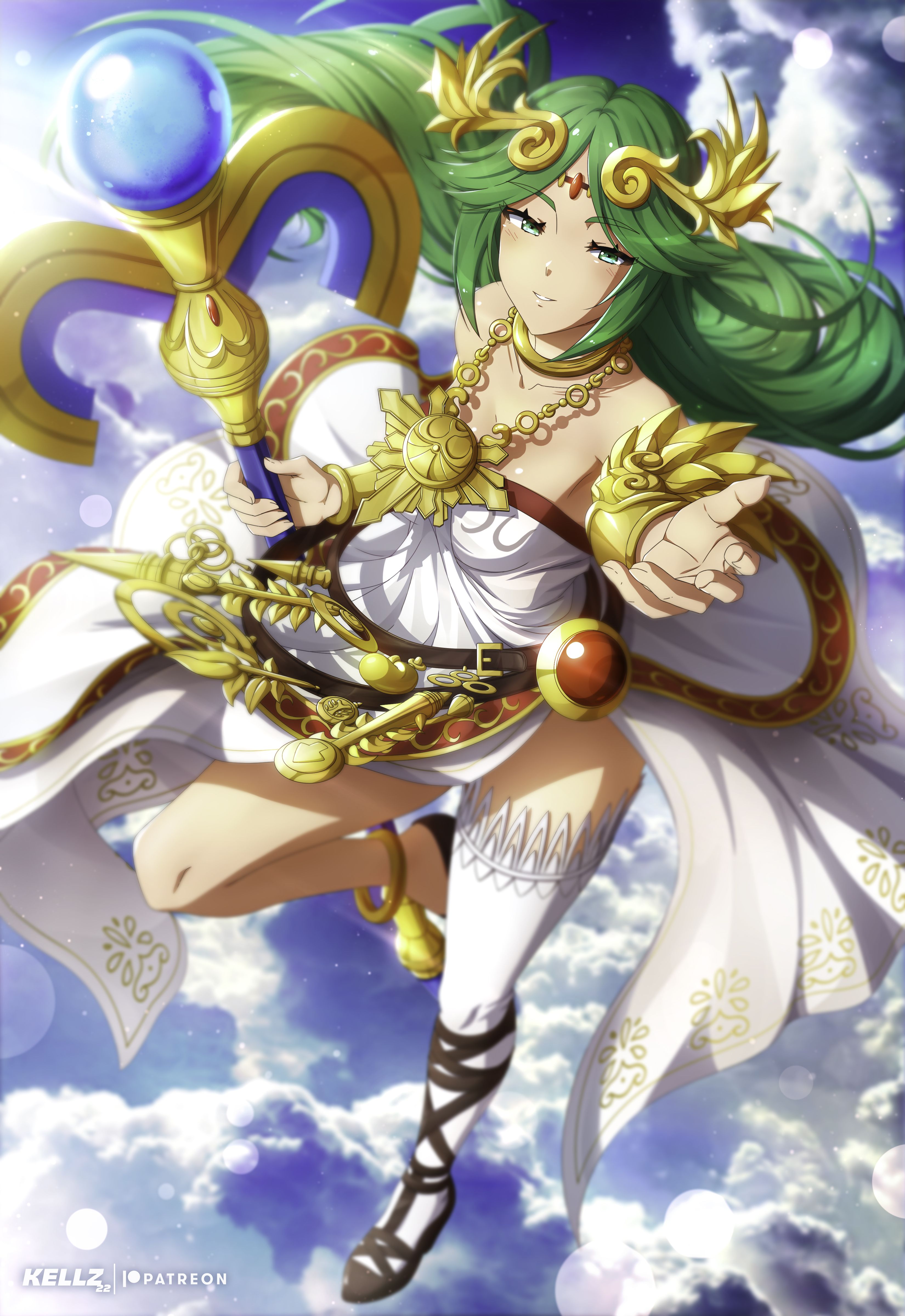 3300x4800 Palutena, video game girls, Kellzallday, green hair, green eyes, Kid Icarus, video games, anime, anime girls, 2D, artwork, drawing, fan artx4800 Wallpaper