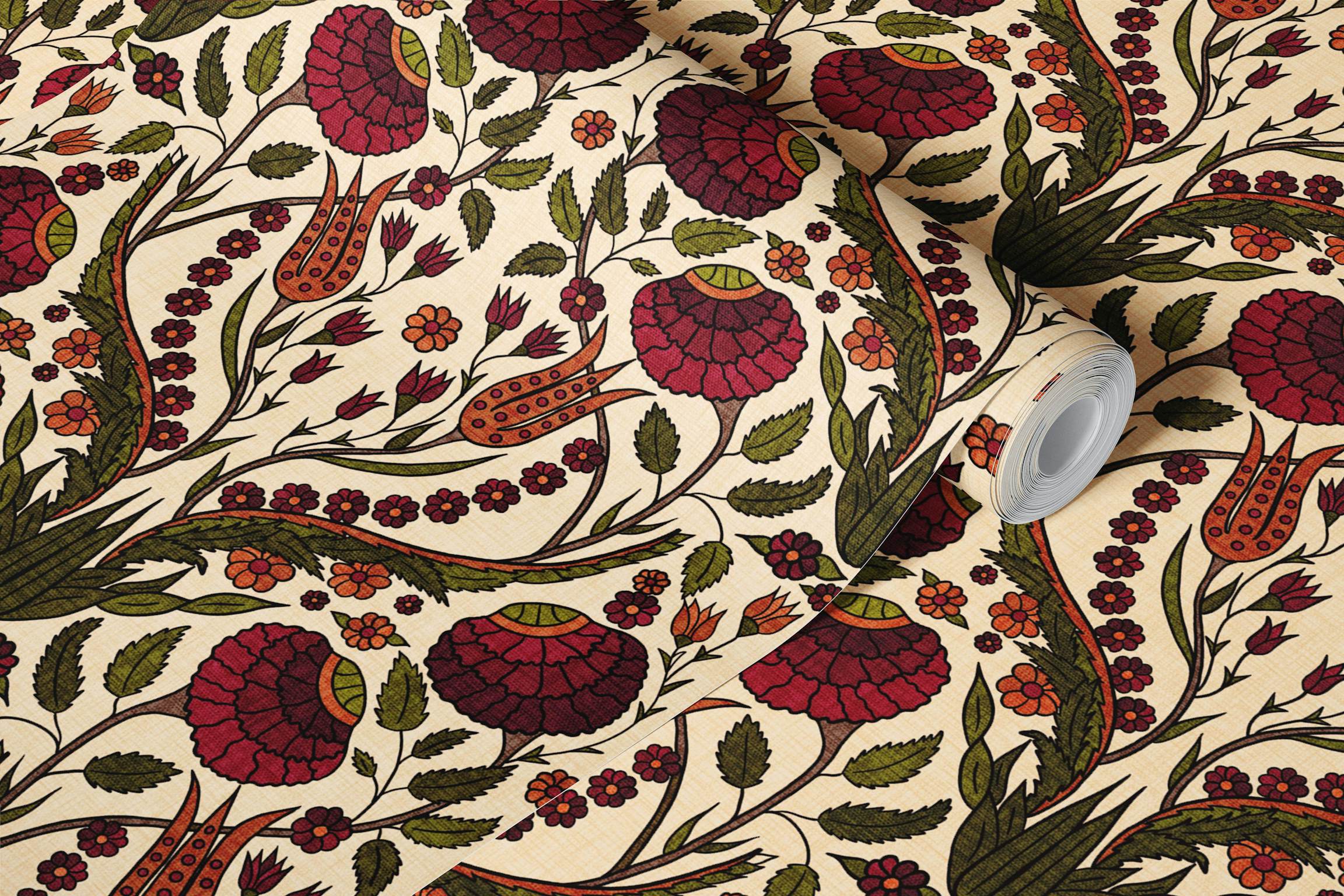 2304x1536 Turkish Floral Wallpaper in Cranberry & Olive