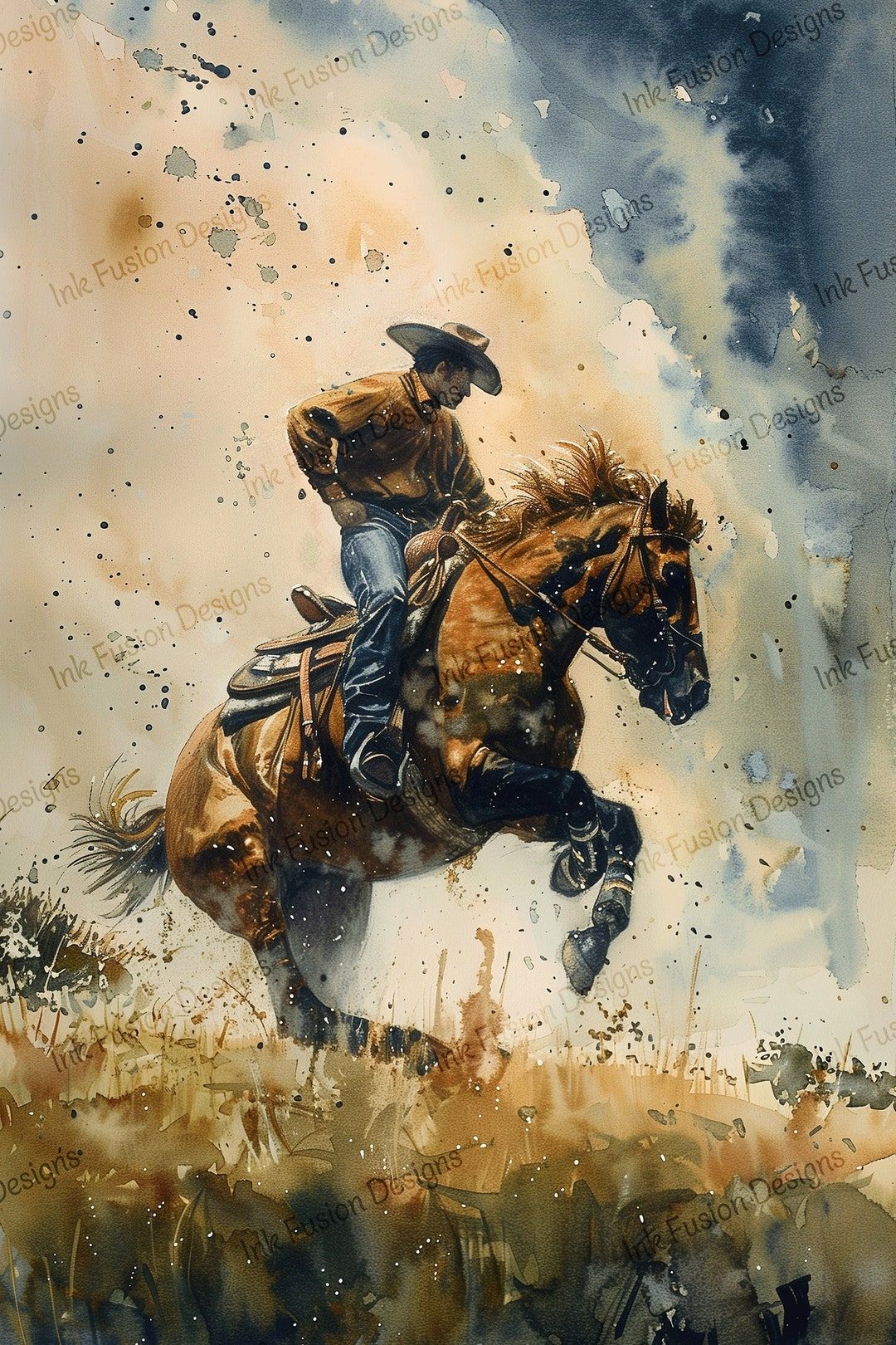 1080x1620 Cowboy on Rearing Horse Art Paper: Wild West Decor