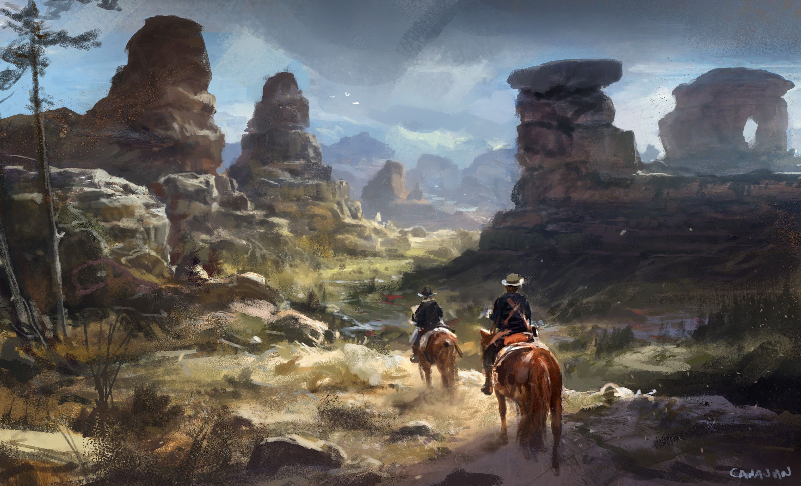 3334x2021 Desktop wallpaper: Cowboy, Artistic, Horse, Mountain, Painting 4K free download for PC. 999239