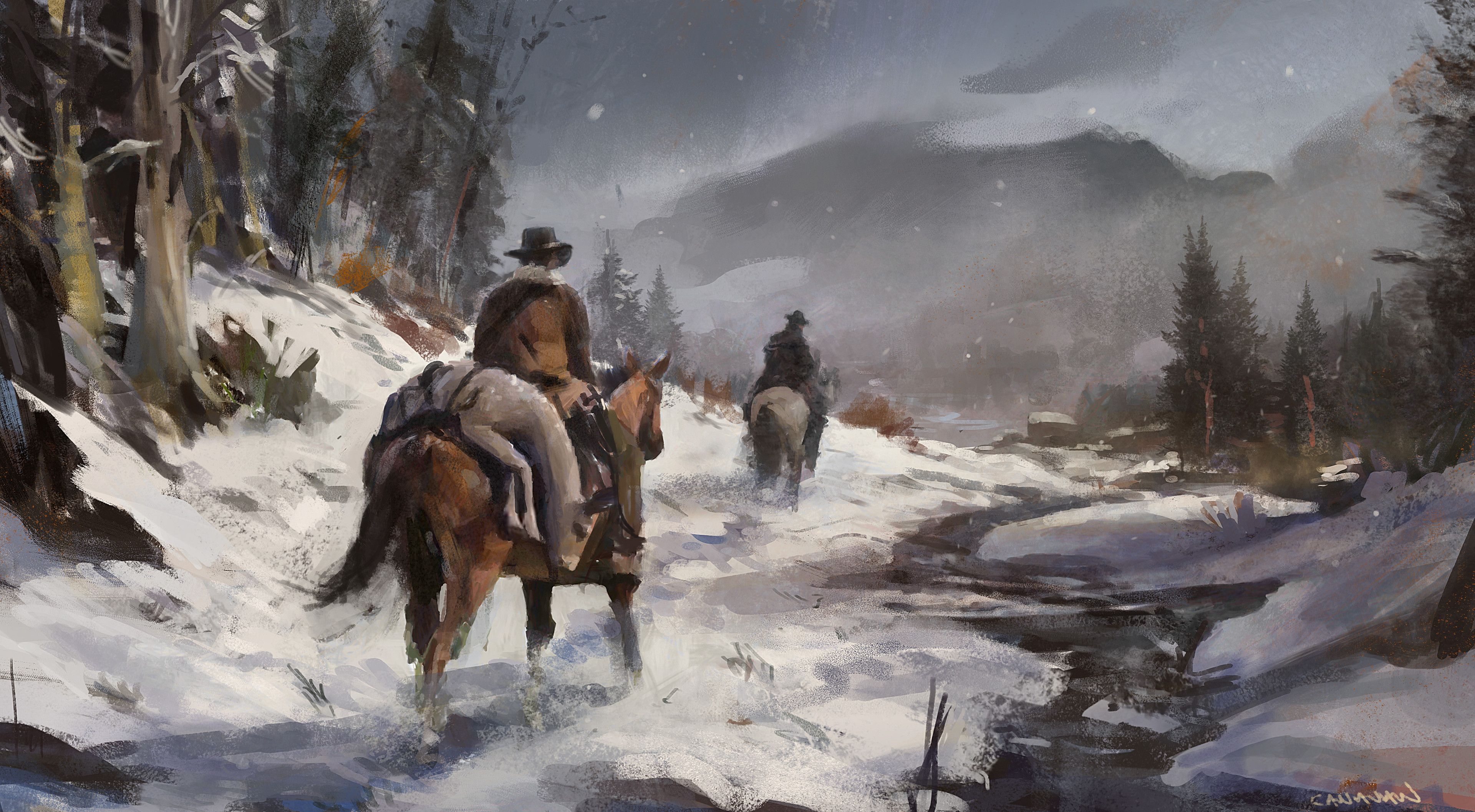 3840x2115 Desktop wallpaper: Cowboy, Artistic, Painting, Winter 4K free download for PC. 999240
