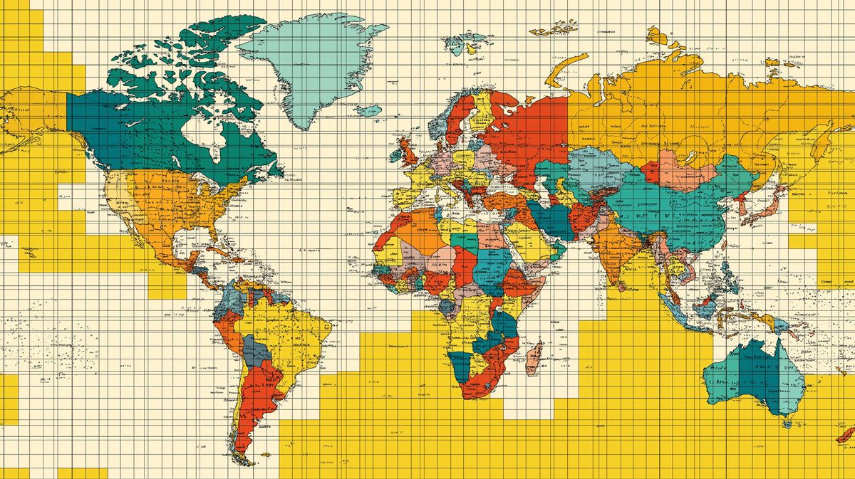 1200x673 Vintage World Map Mural Wallpaper. Retro Grid Design