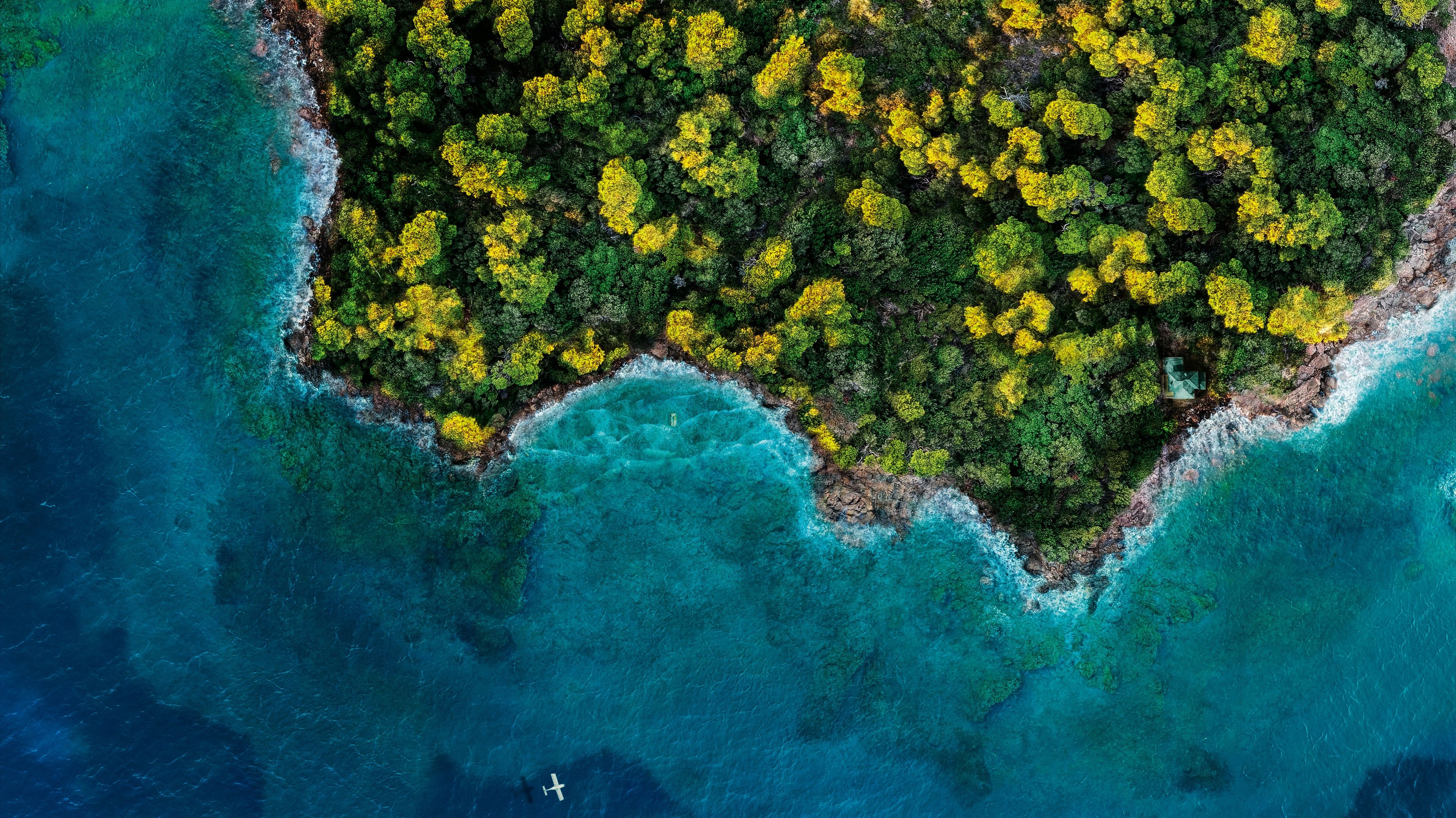 3840x2160 Fantasy Island Wallpaper 4K, Aerial view, Forest, Ocean, 2020