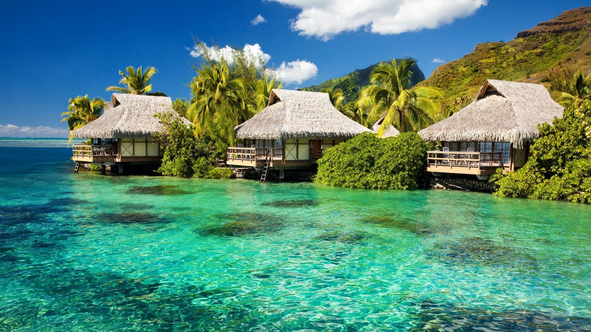 1920x1080 Water Bungalows On A Tropical Island 4K UHD Wallpaper for UltraHD Desktop and TV : Smartphone and Tablet Devices