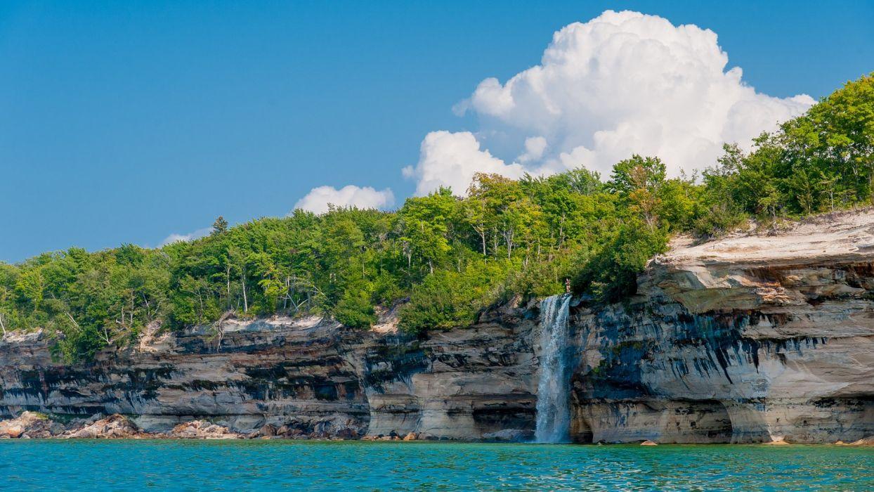 1244x700 Lakeshore Alger County Michigan landscape lake waterfall wallpaperx1069