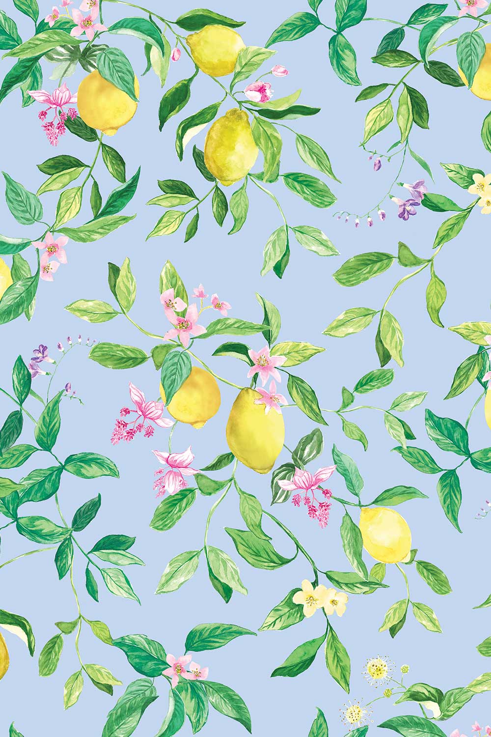 1000x1500 Limoncello Lemon Grasscloth Wallpaper. Blue Citrus Floral Design