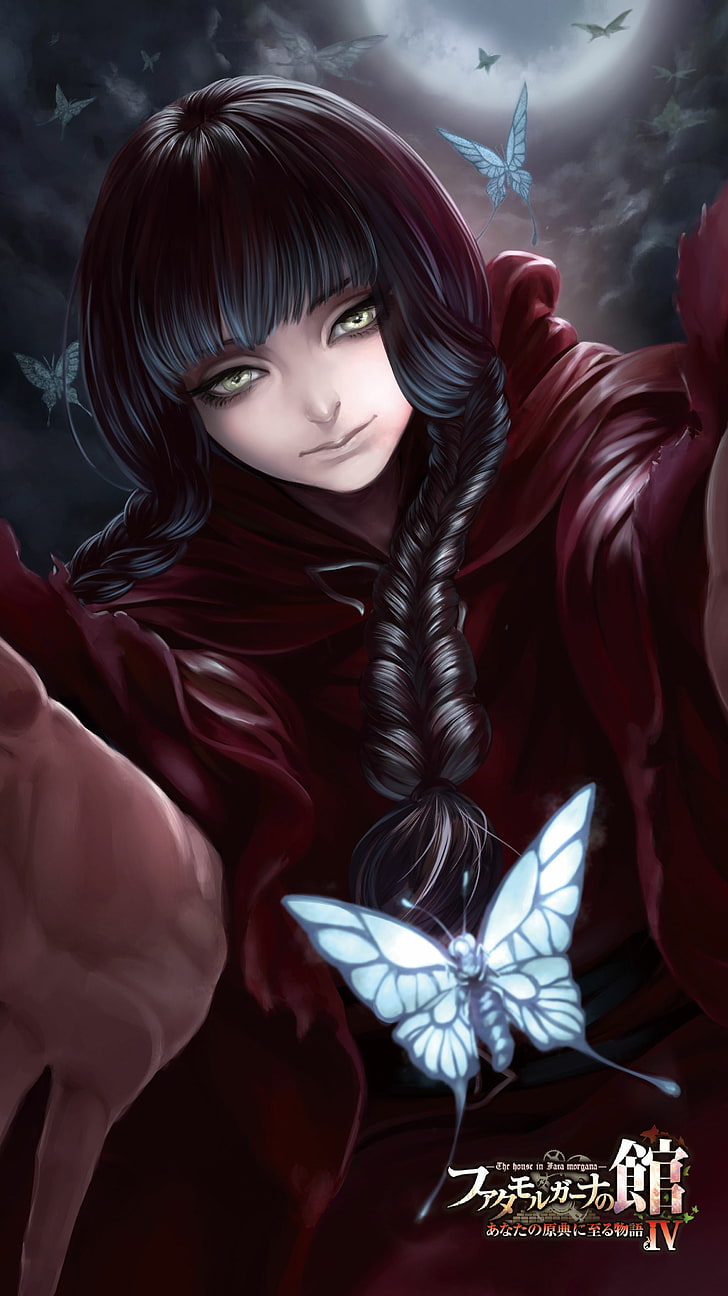 728x1296 HD wallpaper: fata morgana no yakata, visual novel, butterflies, anime girl