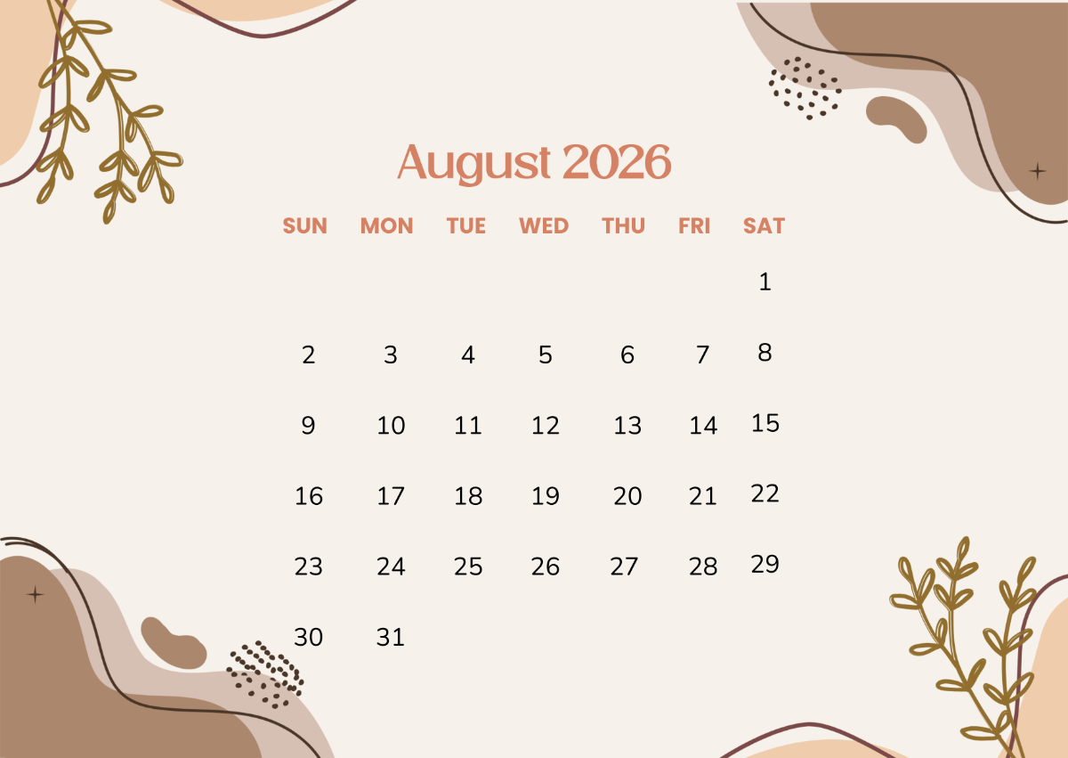1200x851 August 2026 Calendar Wallpaper