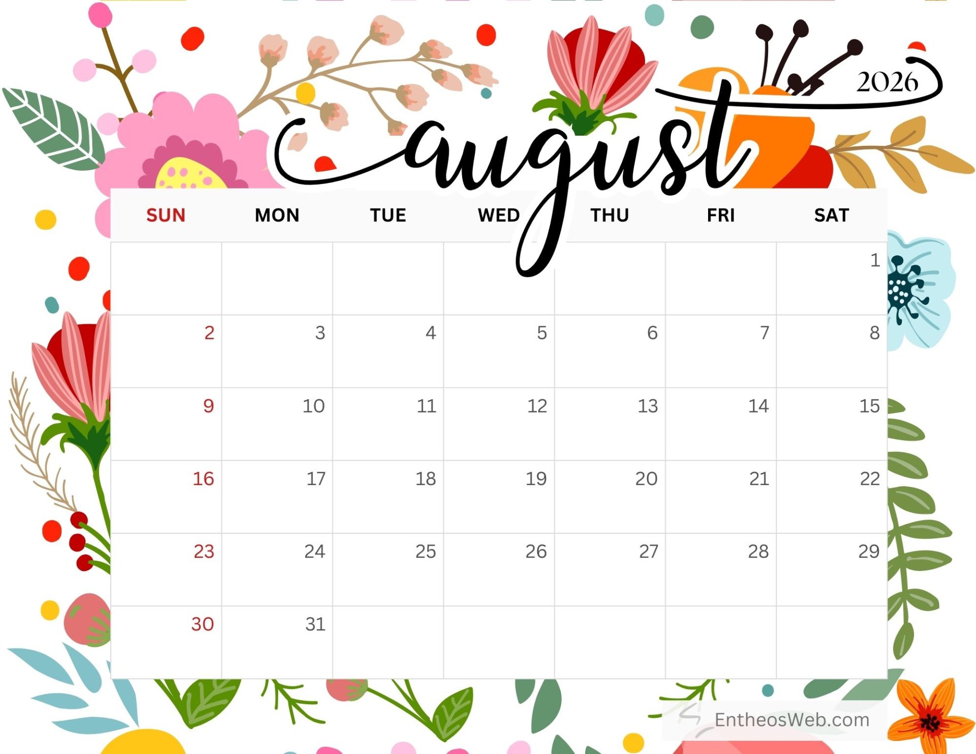 1920x1483 August 2026 Calendar Printables