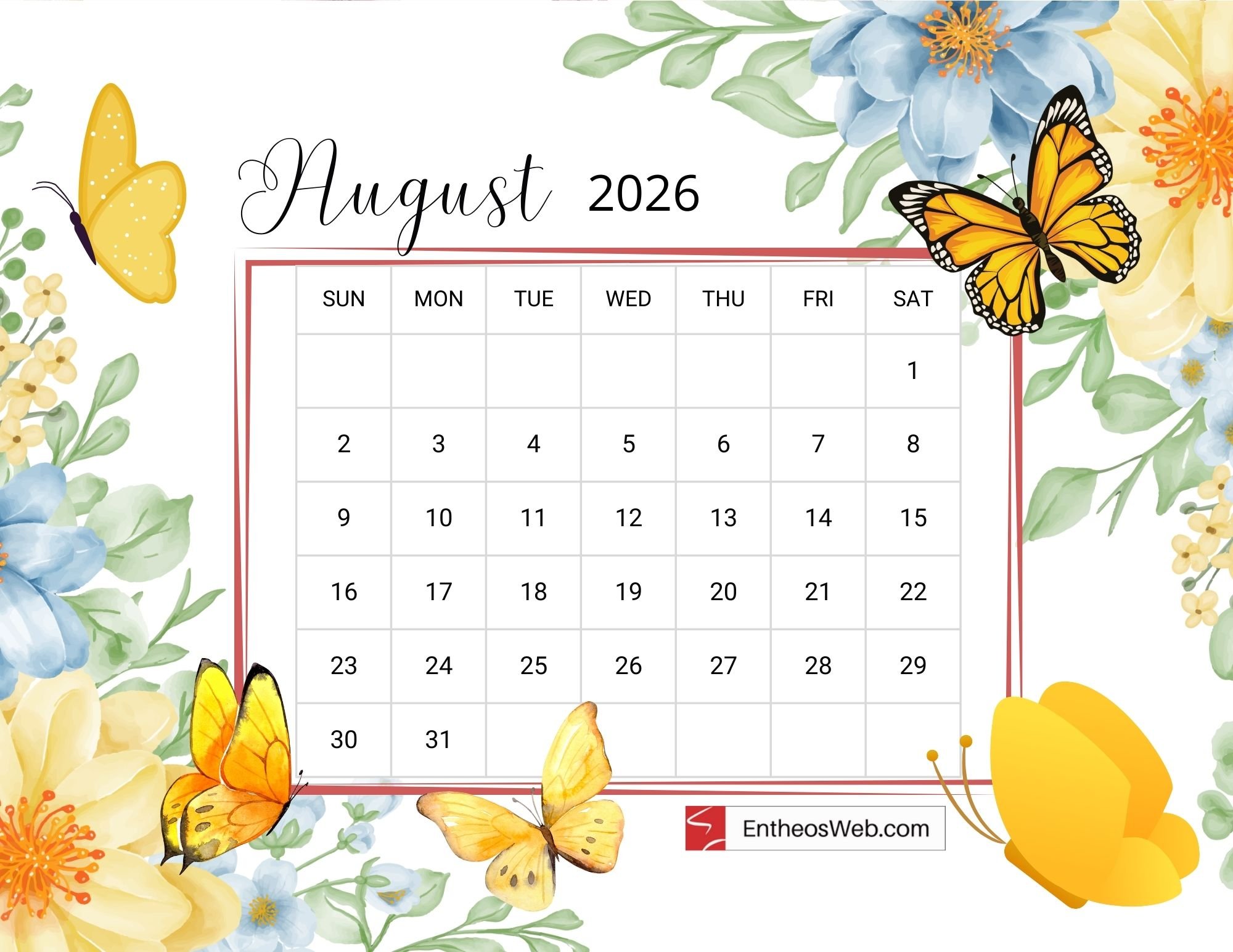 2000x1545 August 2026 Calendar Printables