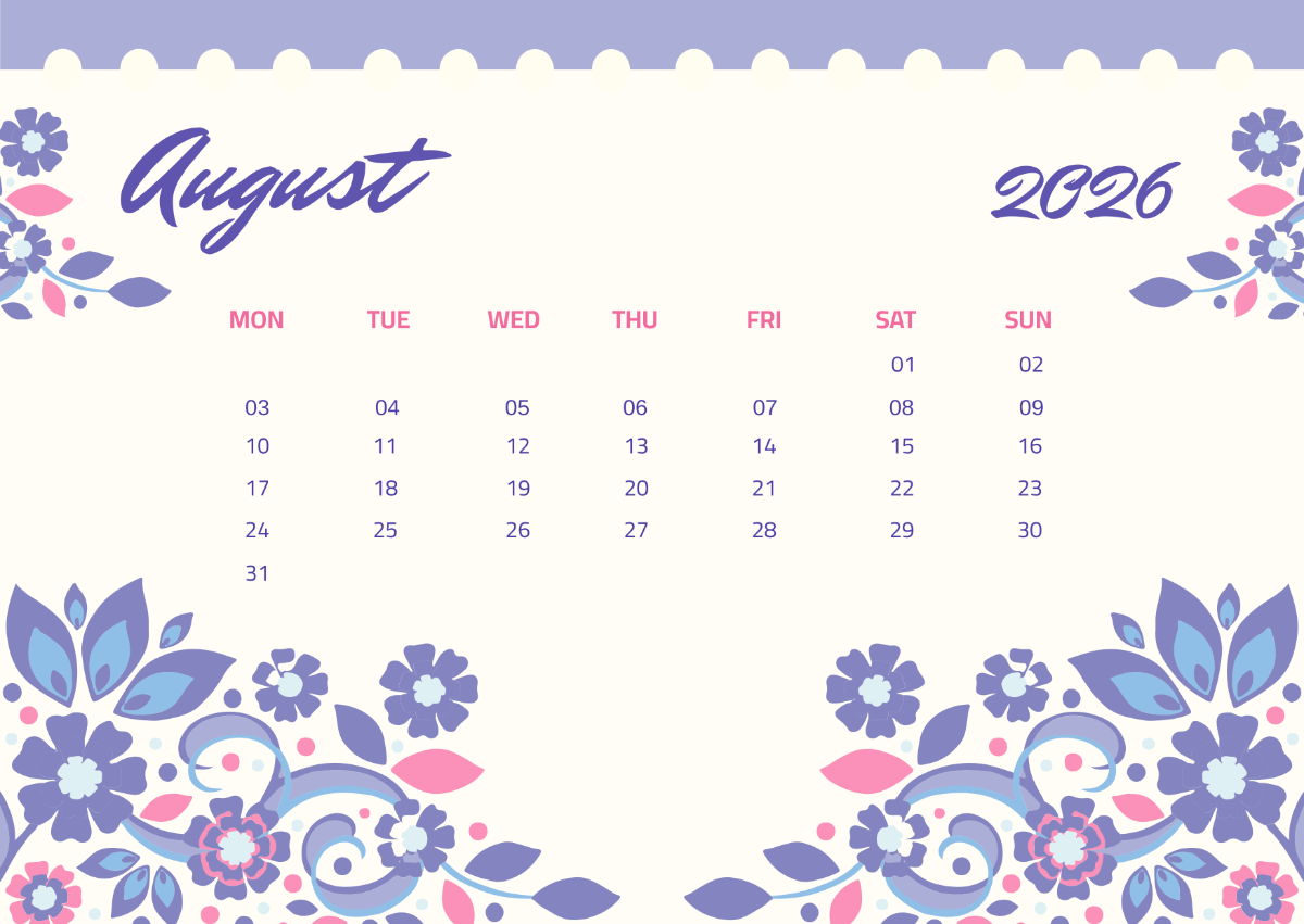 1200x851 Free Colorful Pastel August 2026 Calendar Template to Edit Online