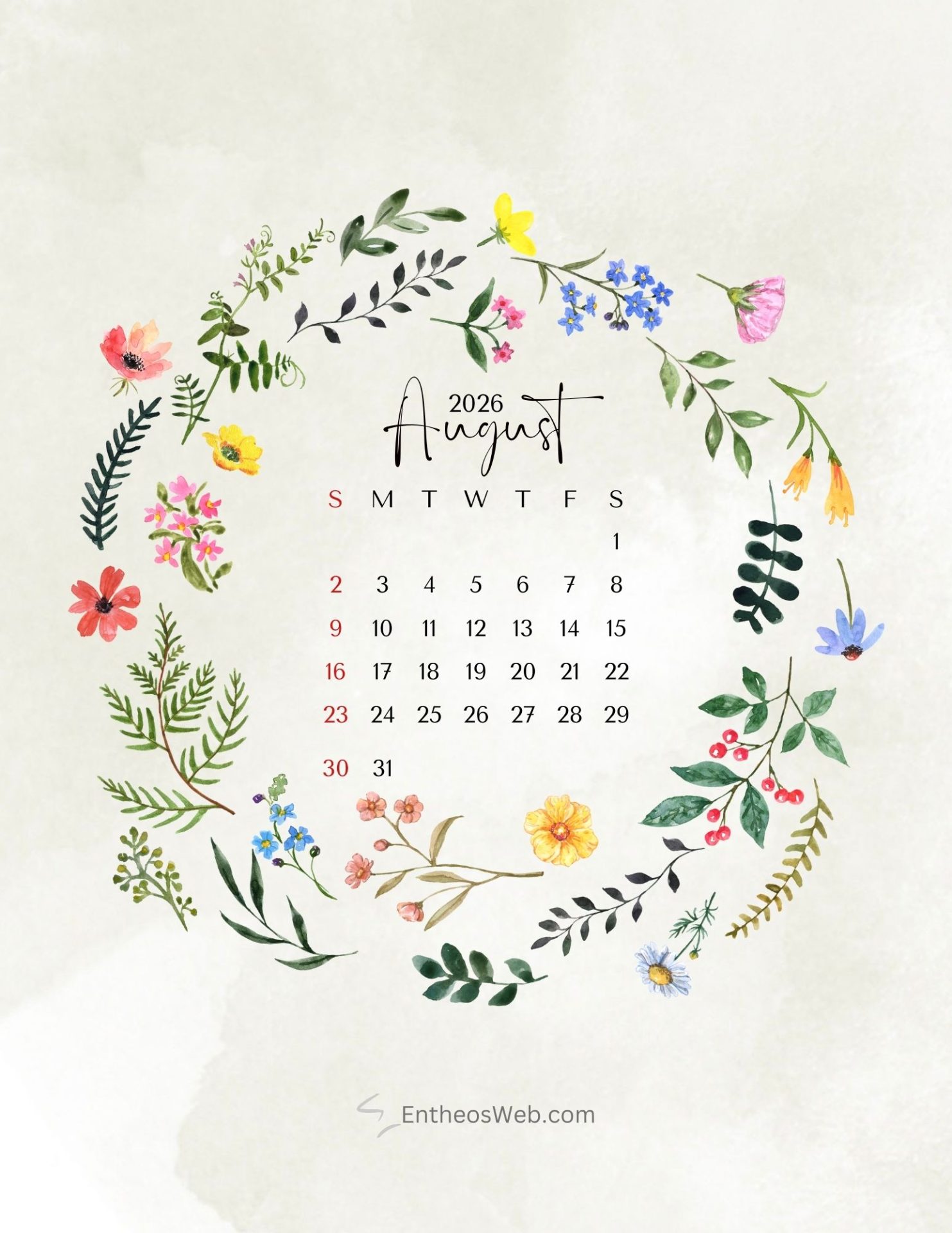 1483x1920 August 2026 Calendar Printables