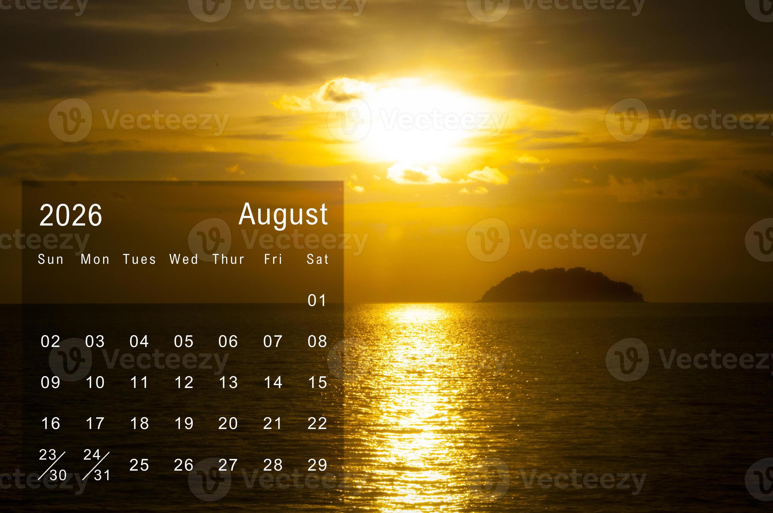 2951x1960 August 2026 Calendar with beautiful evening view of beach. Calendar and sea view concept