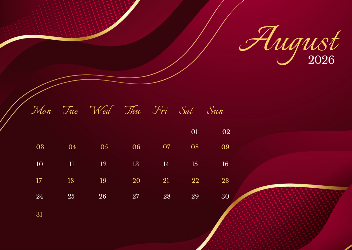 1200x851 Free Elegant August 2026 Calendar Template to Edit Online