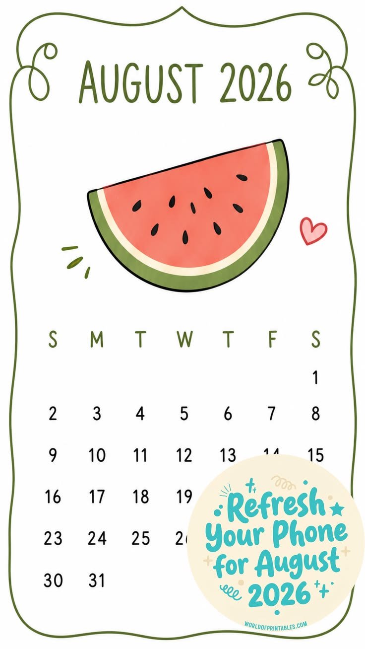 736x1307 August 2026 Summer Calendar Phone Wallpaper