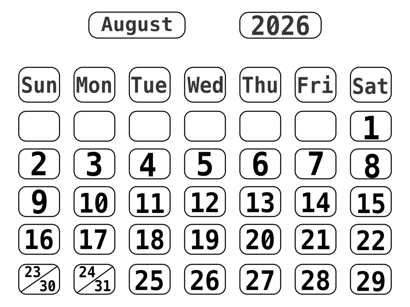 1307x980 Black Line Art 2026 Calendar template with No Background, August 2026 71048525 PNG
