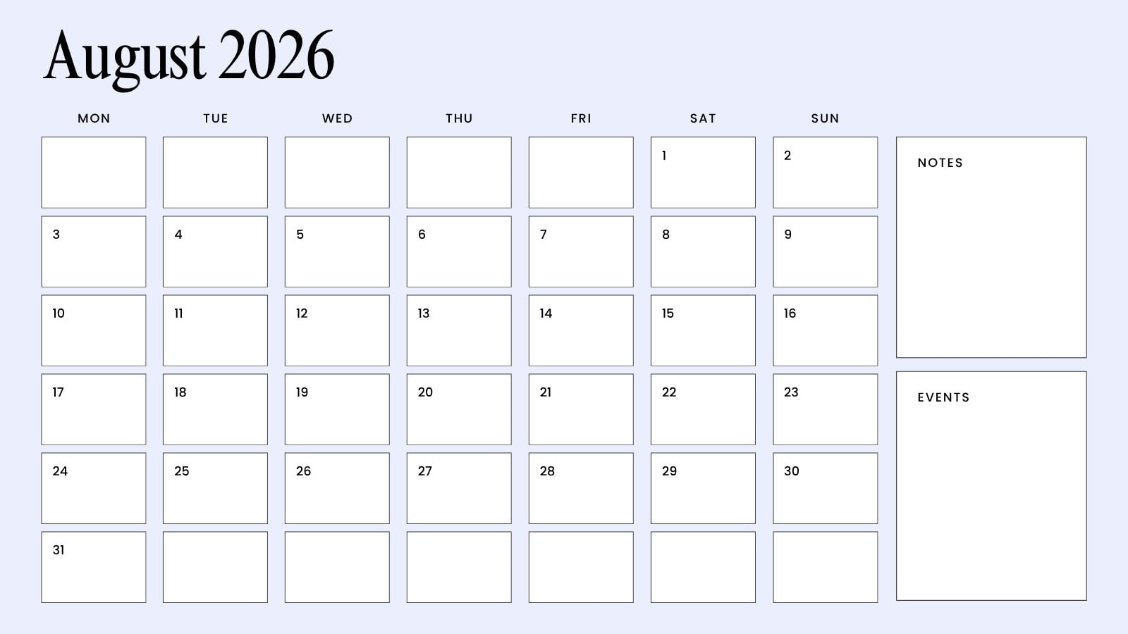 1600x900 Free printable August 2026 calendar templates