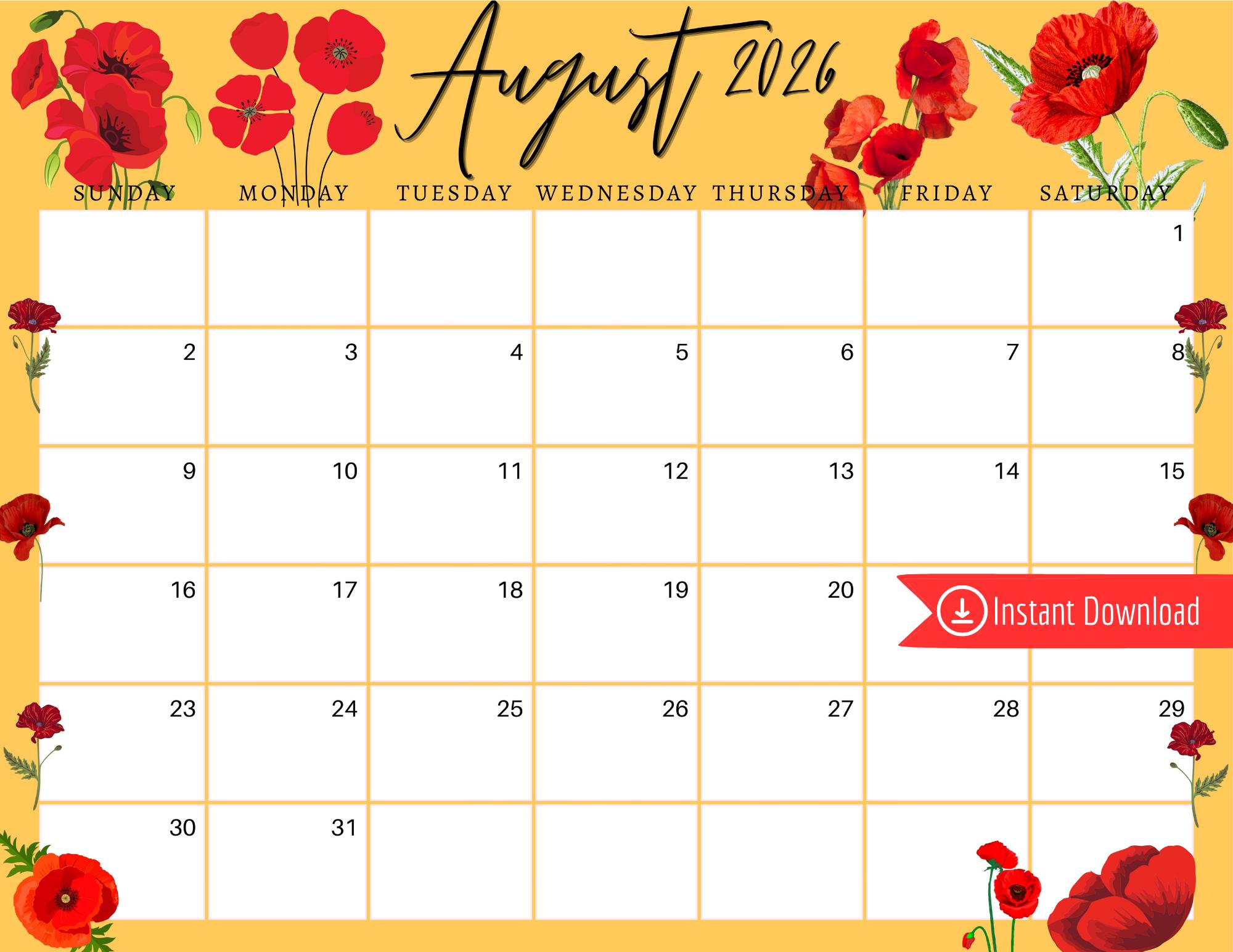2000x1545 August 2026 Calendar: Red Poppy Flowers, Editable Planner (PDF, PNG, JPG Download)