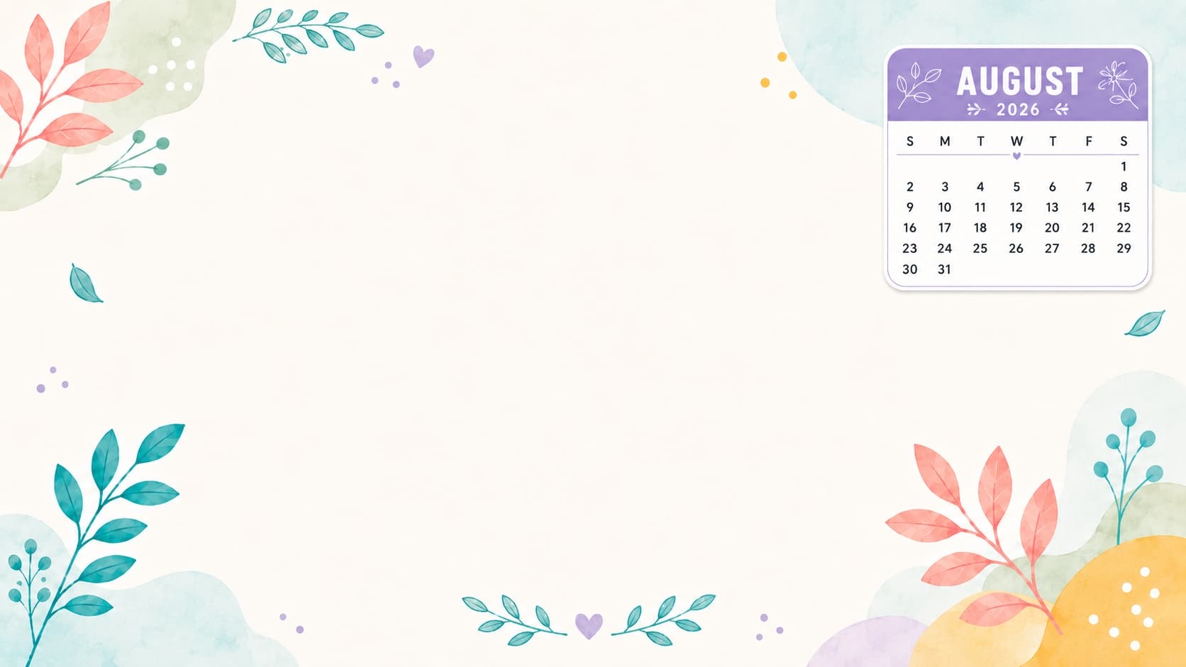 1672x941 August Calendar Wallpaper Desktop & Phone Background