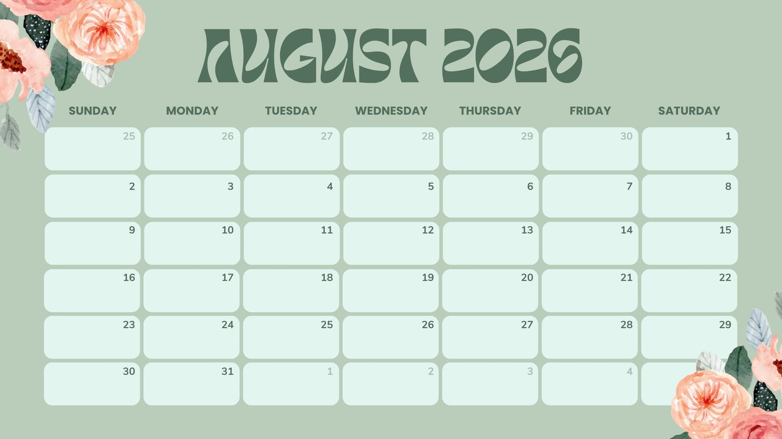 1600x900 Free printable August 2026 calendar templates