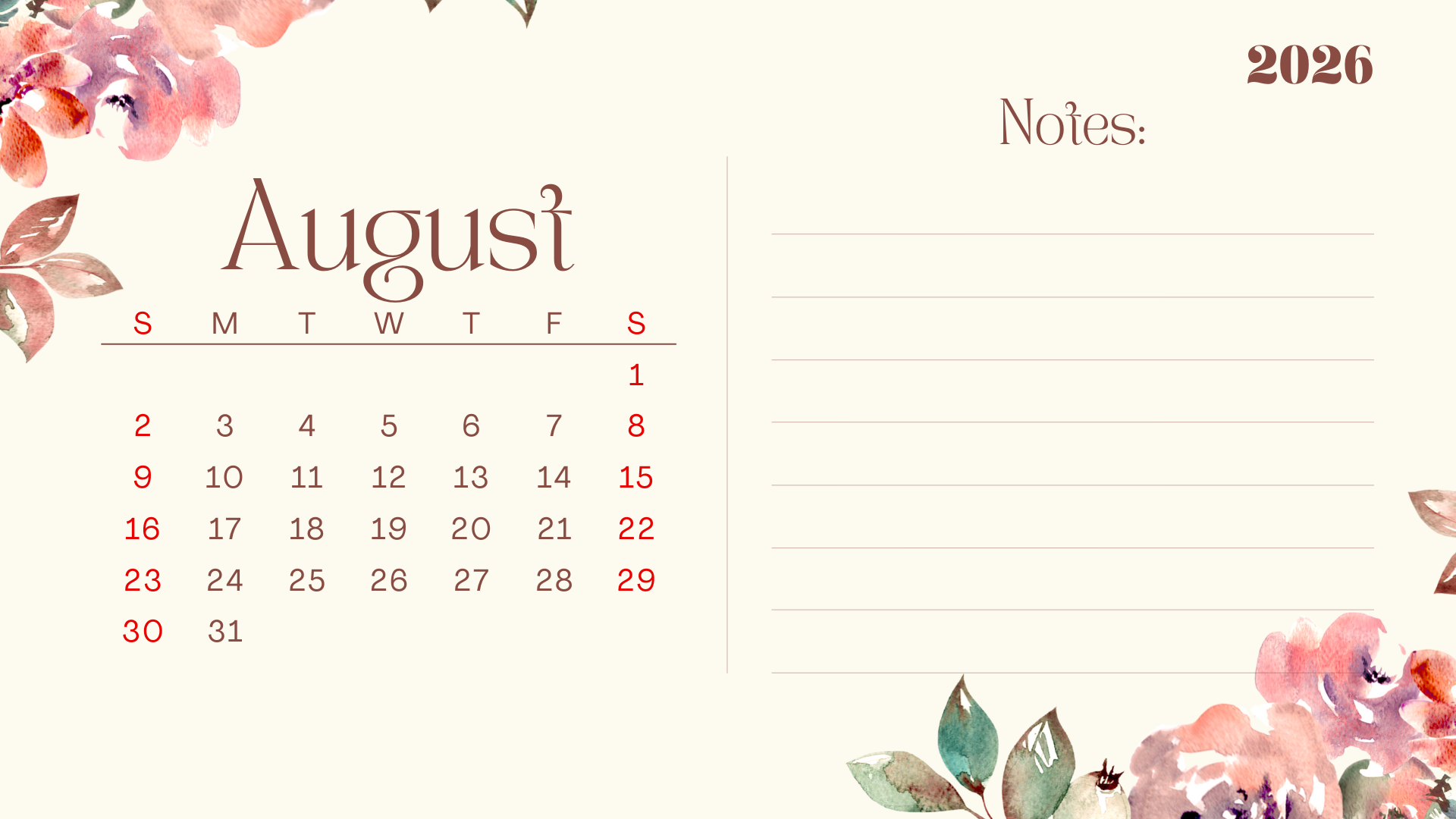 1920x1080 Free August 2026 Calendar Page(s)