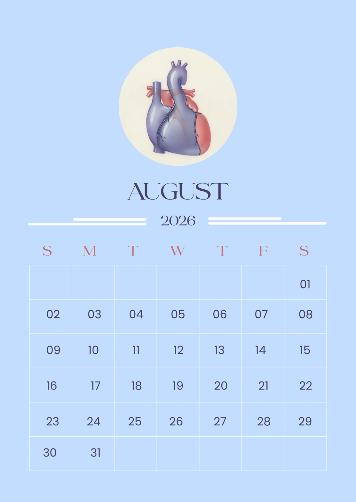 1200x1691 Free August 2026 Hospital Calendar Template to Edit Online