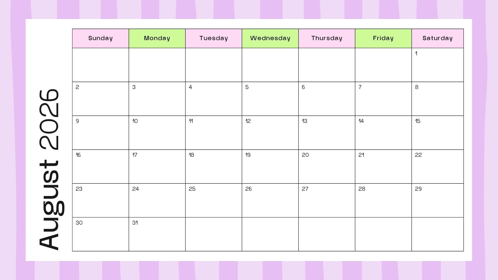 1600x900 Free printable August 2026 calendar templates