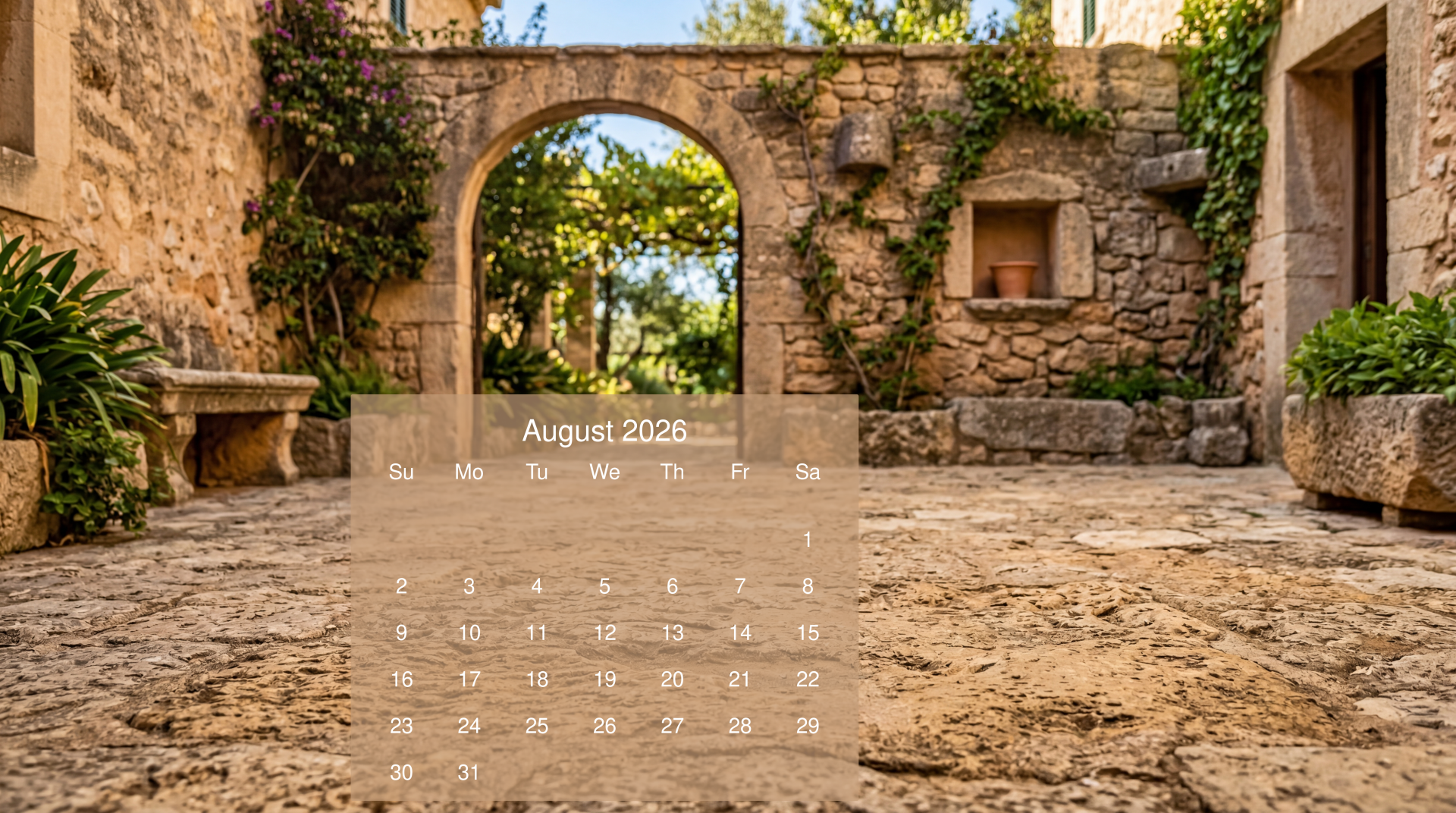 1920x1072 August 2026 Ultra HD Calendar: Sunlit Stone Courtyard